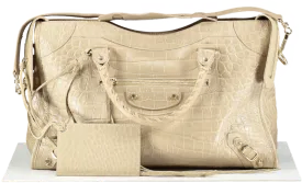Balenciaga Beige Latte Croc Embossed Leather City Bag