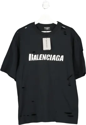 Balenciaga Black Boxy Logo Print distressed T Shirt UK L