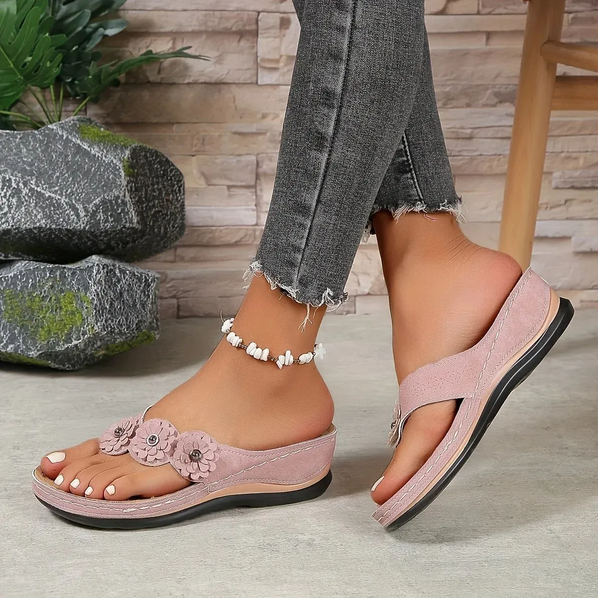 Blommiga slip-on-strandtofflor fr kvinnor