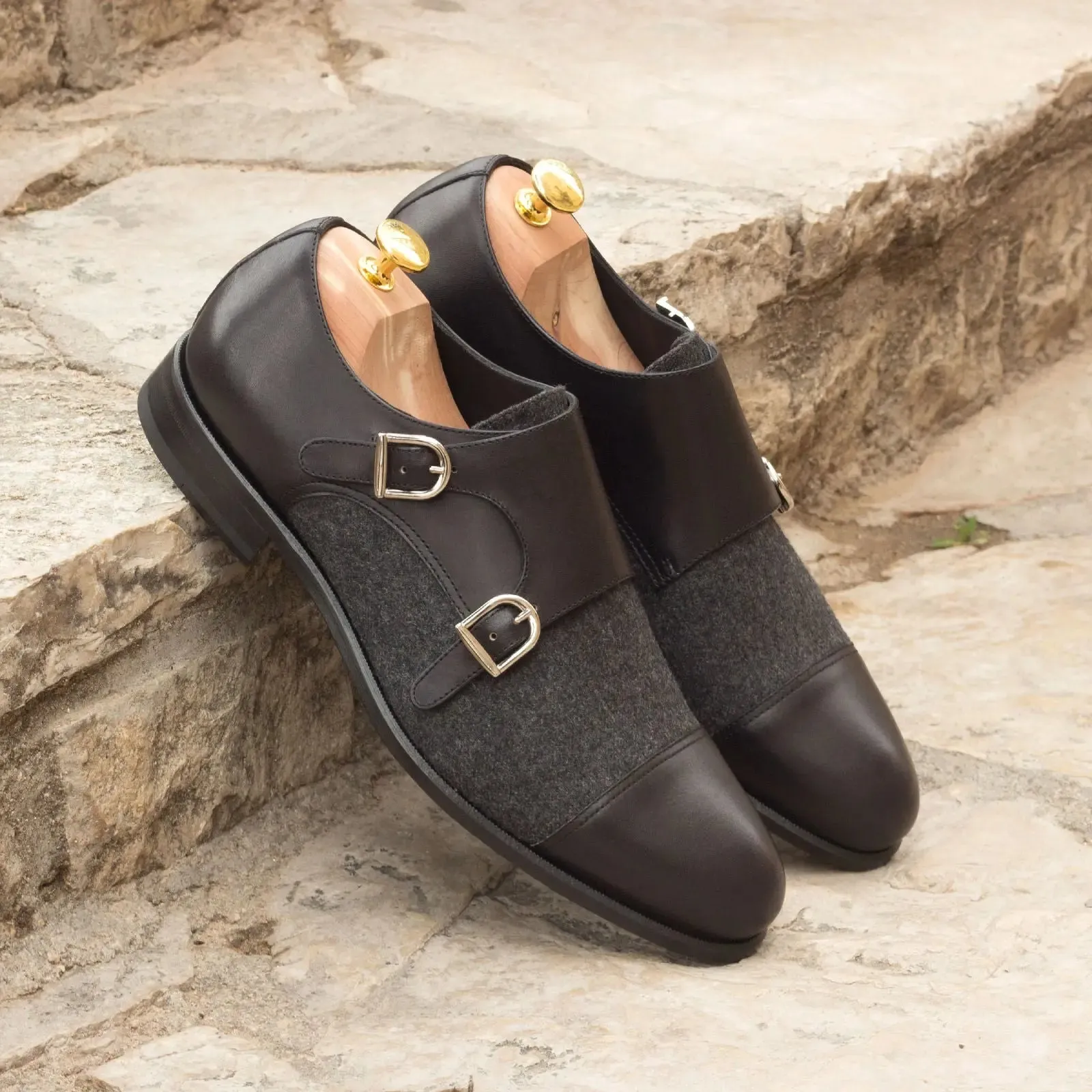 DapperFam Monaco in Black / Dark Grey Men's Flannel & Italian Leather Double Monk
