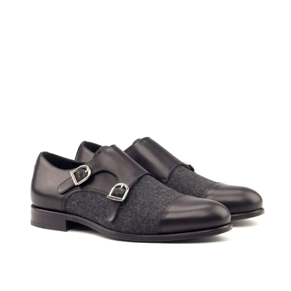 DapperFam Monaco in Black / Dark Grey Men's Flannel & Italian Leather Double Monk