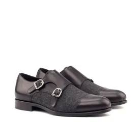 DapperFam Monaco in Black / Dark Grey Men's Flannel & Italian Leather Double Monk