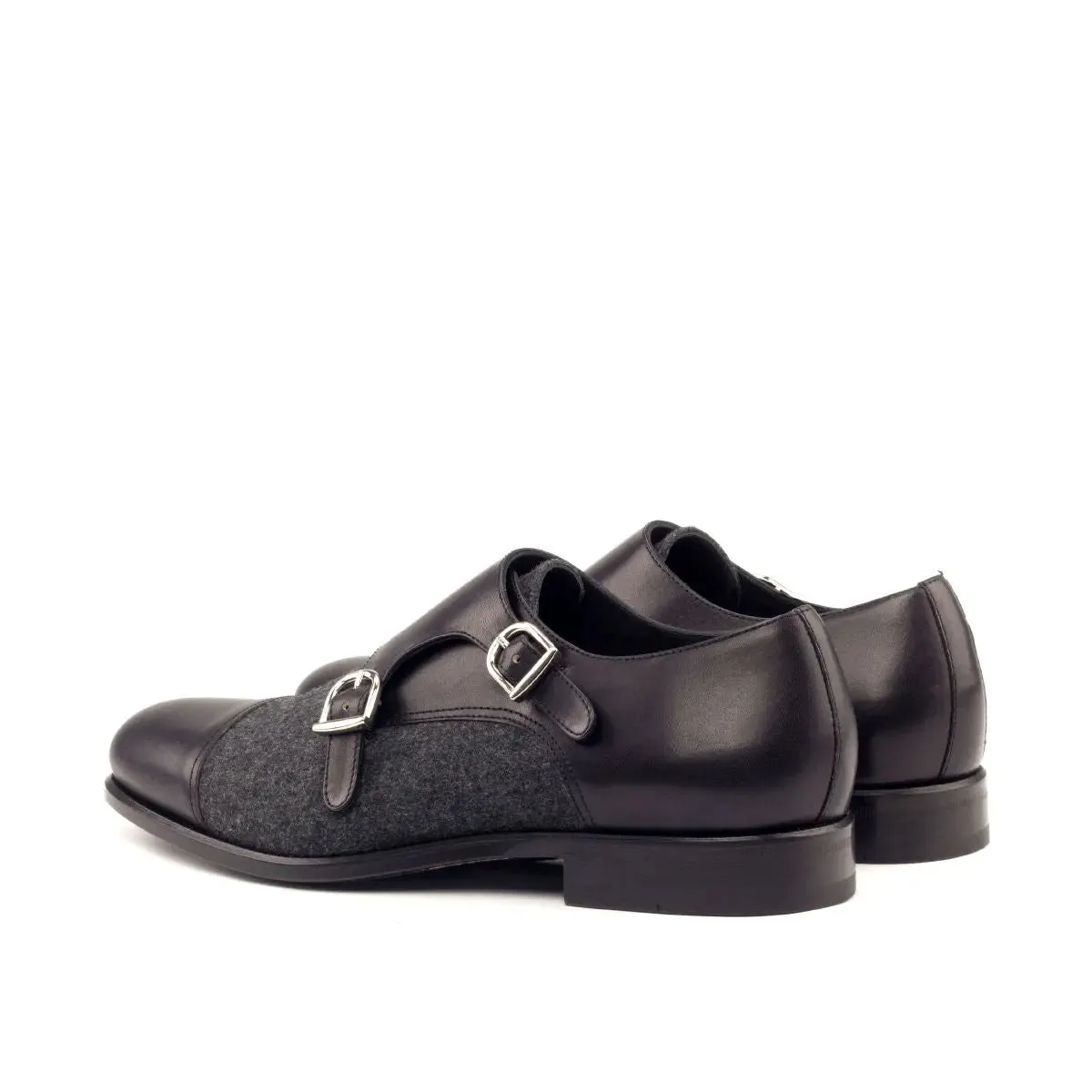 DapperFam Monaco in Black / Dark Grey Men's Flannel & Italian Leather Double Monk