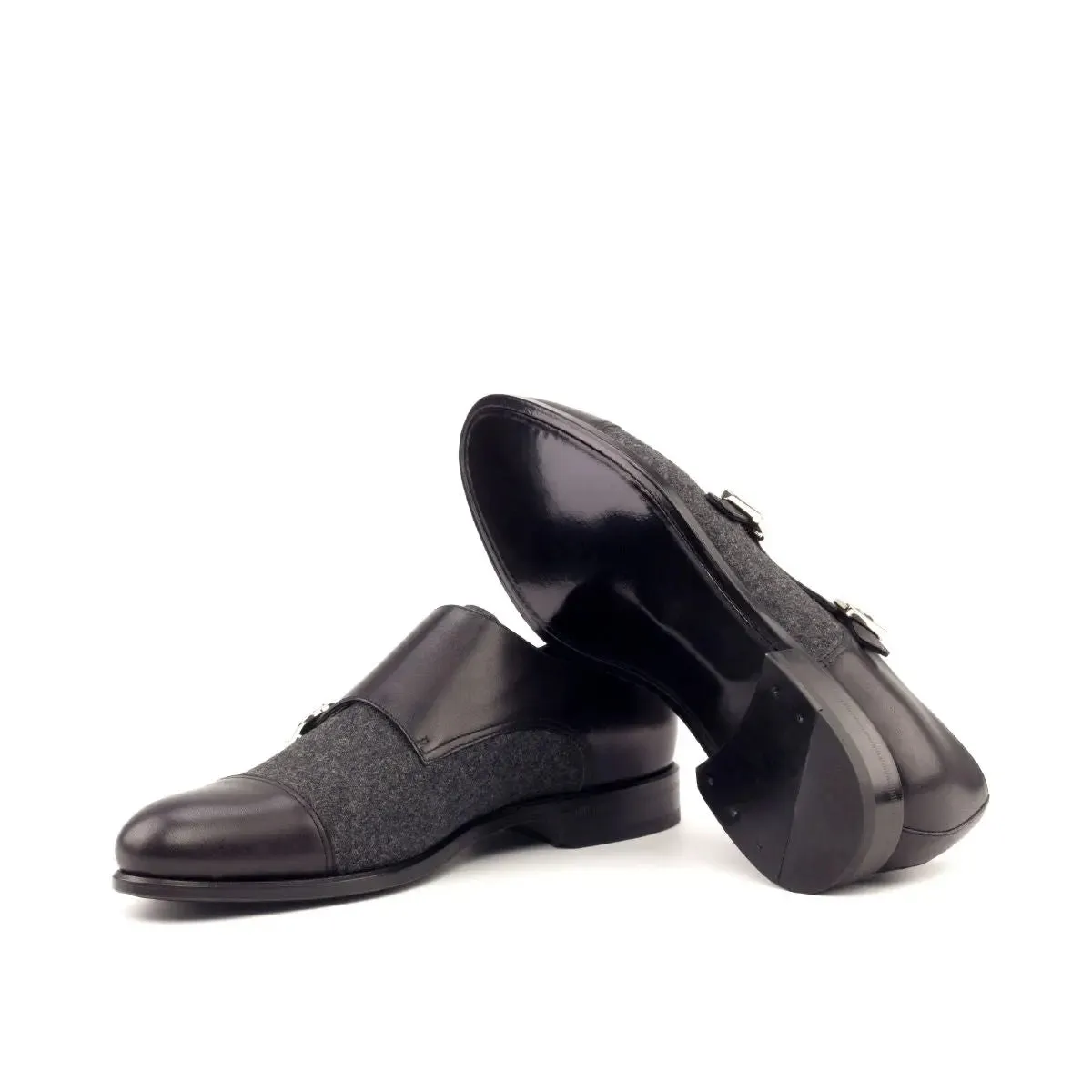 DapperFam Monaco in Black / Dark Grey Men's Flannel & Italian Leather Double Monk