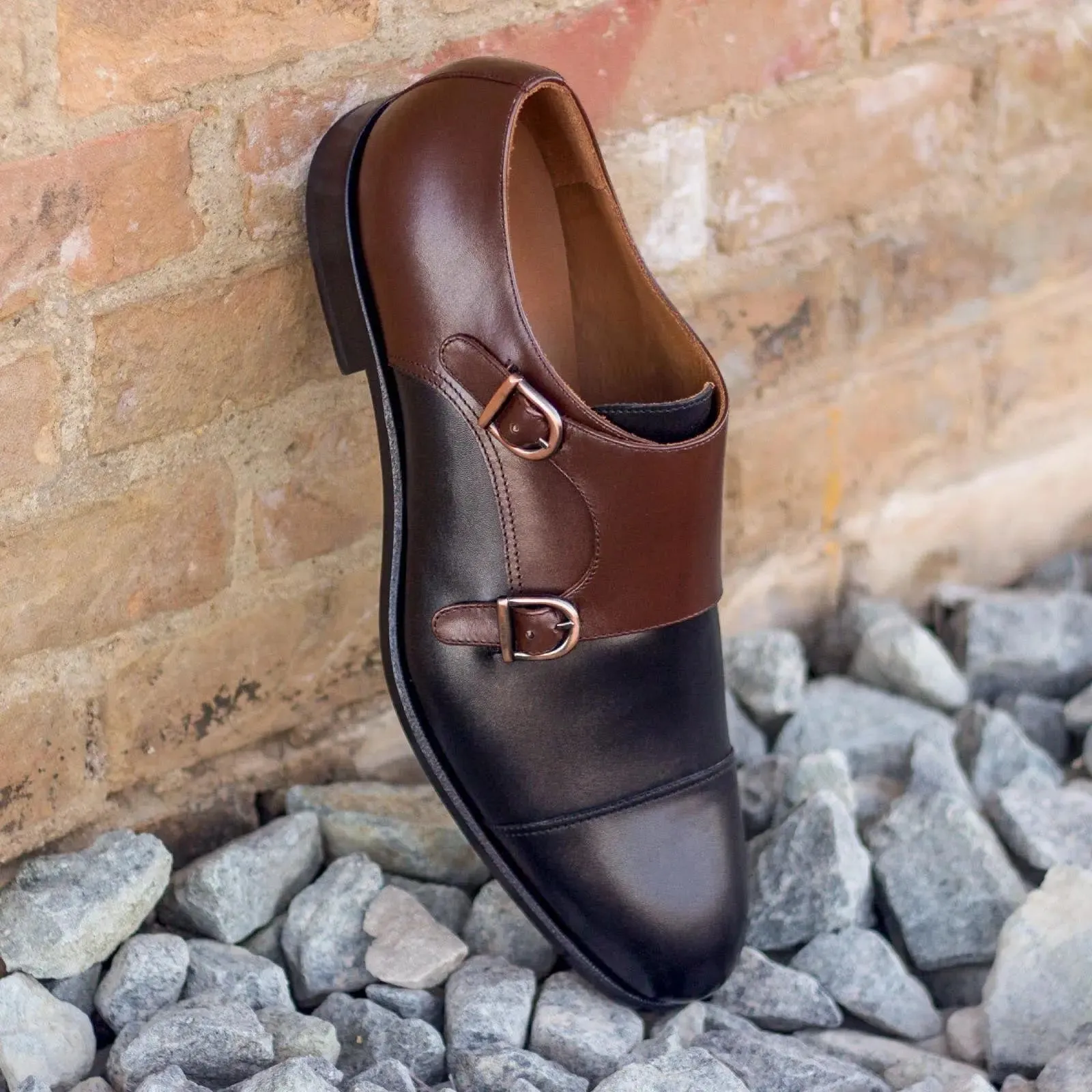DapperFam Monaco in Black / Med Brown Men's Italian Leather Double Monk