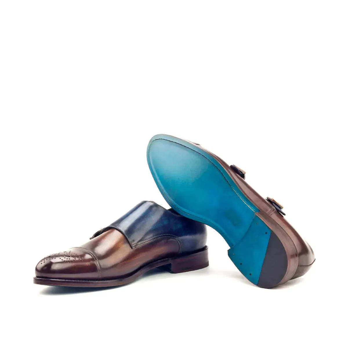 DapperFam Monaco in Brown / Denim Men's Hand-Painted Patina Double Monk