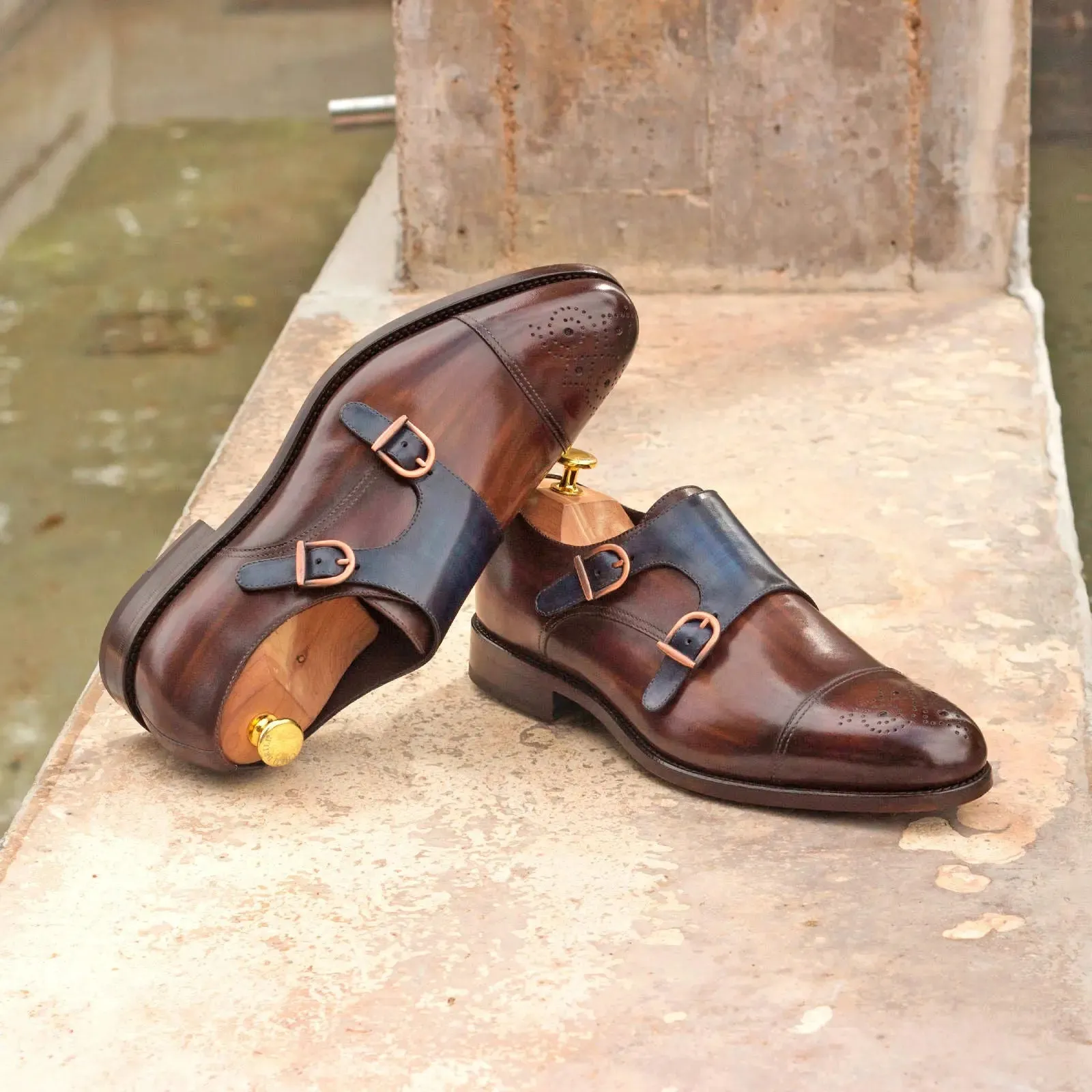 DapperFam Monaco in Brown / Denim Men's Hand-Painted Patina Double Monk
