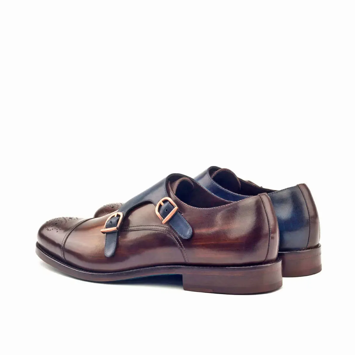 DapperFam Monaco in Brown / Denim Men's Hand-Painted Patina Double Monk