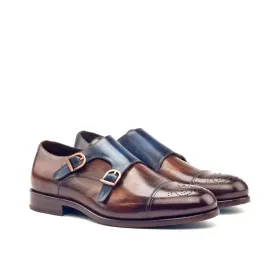 DapperFam Monaco in Brown / Denim Men's Hand-Painted Patina Double Monk