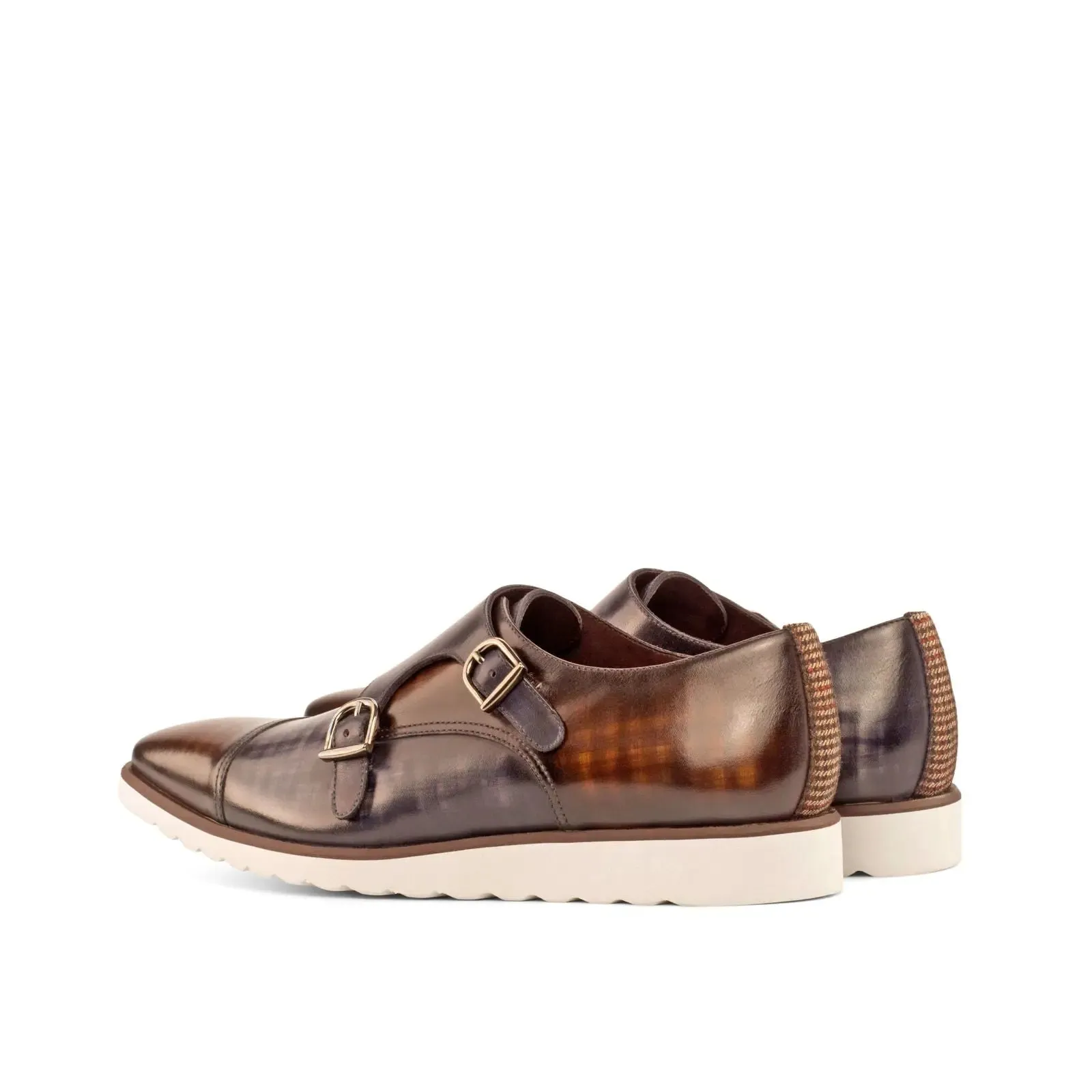 DapperFam Monaco in Brown / Grey / Tweed Men's Sartorial & Hand-Painted Patina Double Monk