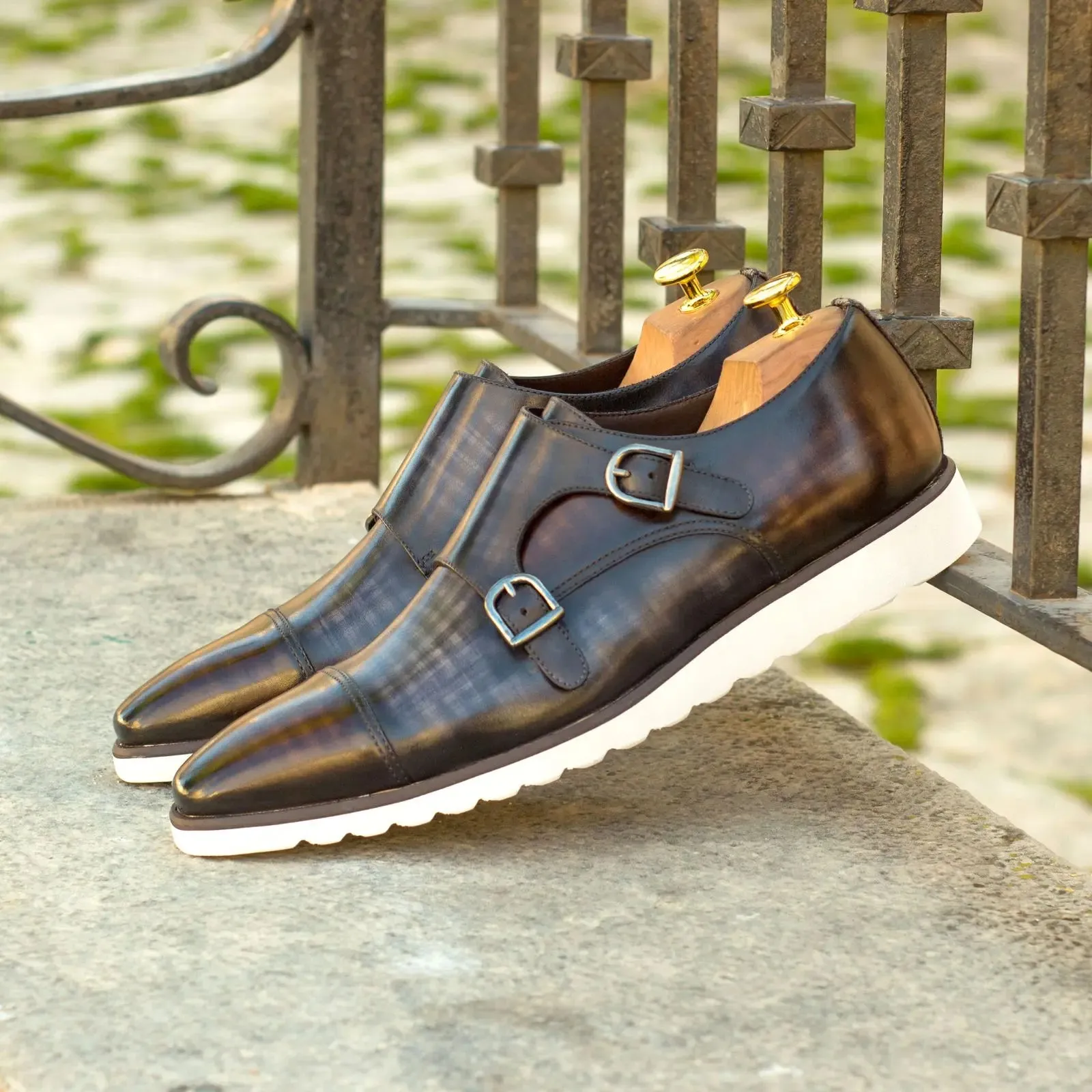 DapperFam Monaco in Brown / Grey / Tweed Men's Sartorial & Hand-Painted Patina Double Monk