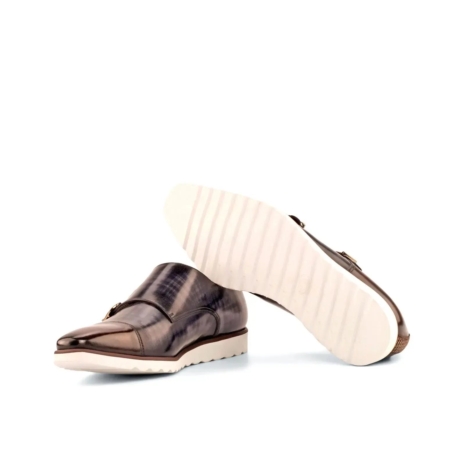 DapperFam Monaco in Brown / Grey / Tweed Men's Sartorial & Hand-Painted Patina Double Monk
