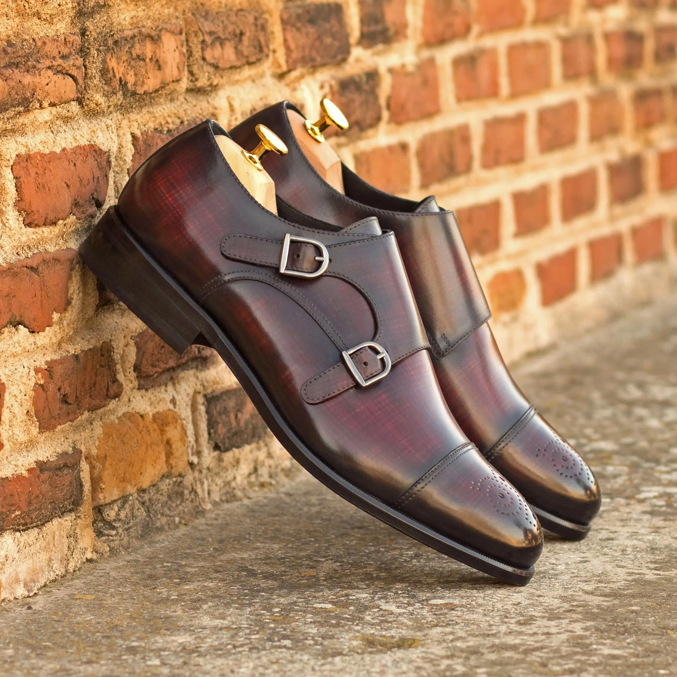 DapperFam Monaco in Burgundy Men's Hand-Painted Patina Double Monk