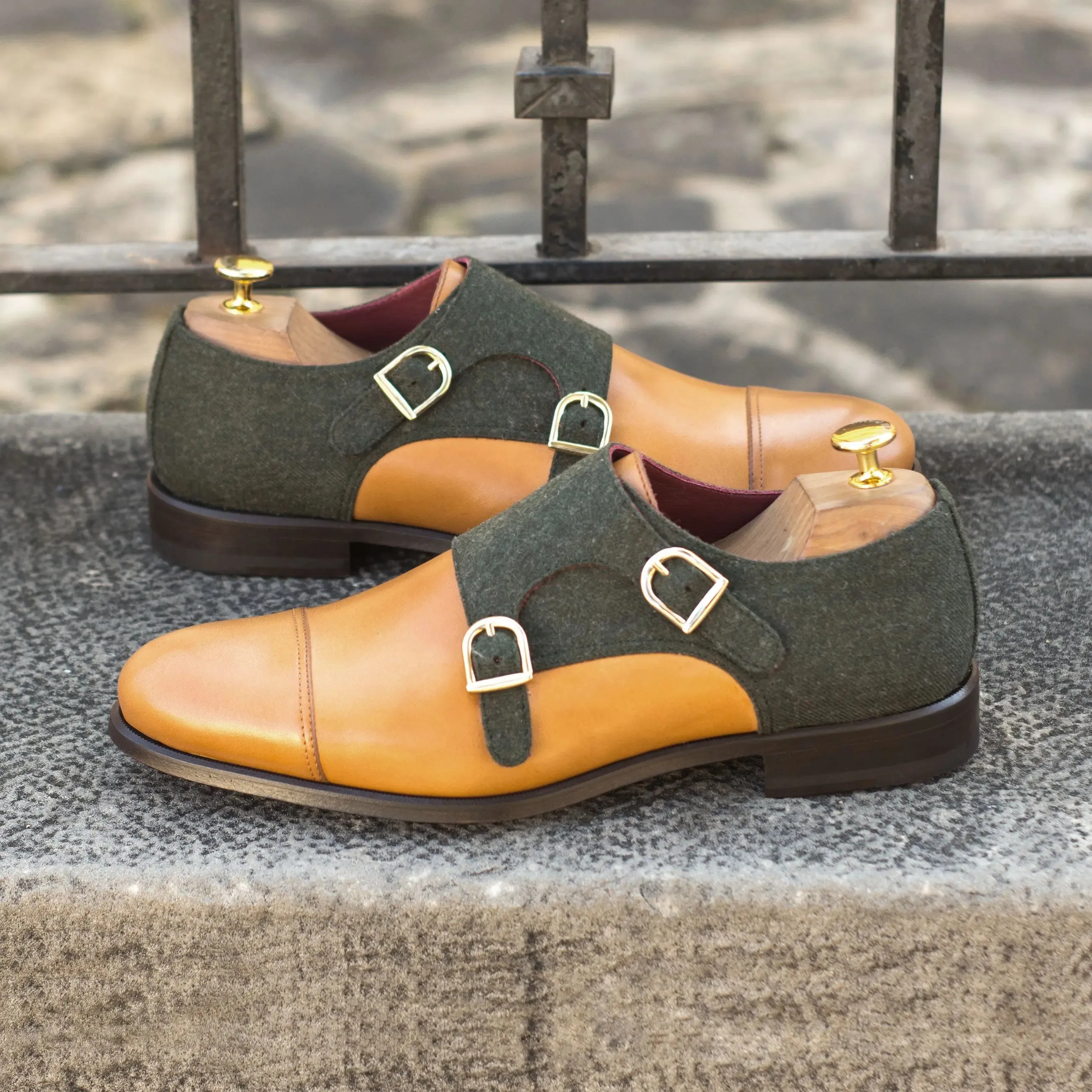 DapperFam Monaco in Cognac / Green Men's Flannel & Italian Leather Double Monk