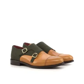 DapperFam Monaco in Cognac / Green Men's Flannel & Italian Leather Double Monk