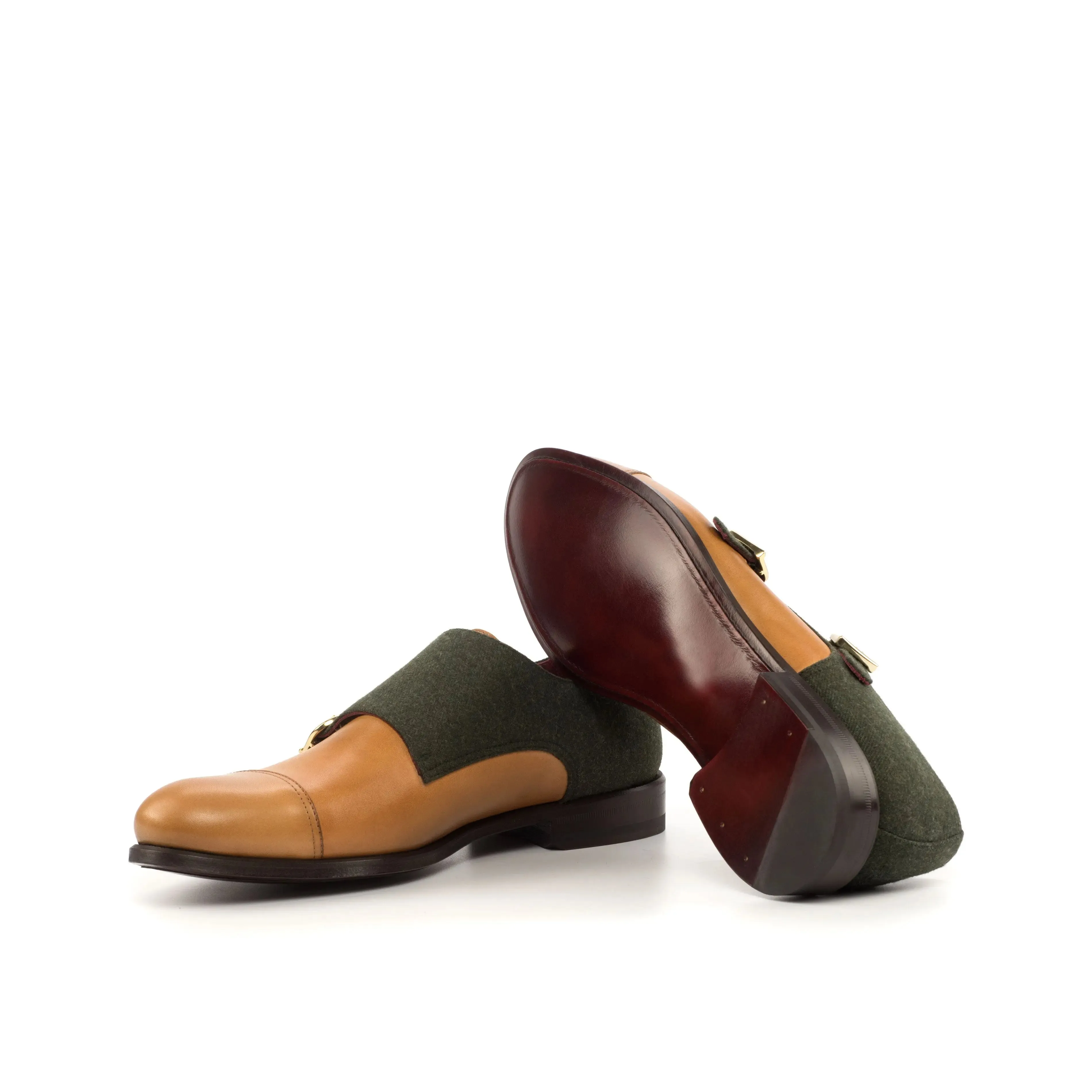 DapperFam Monaco in Cognac / Green Men's Flannel & Italian Leather Double Monk