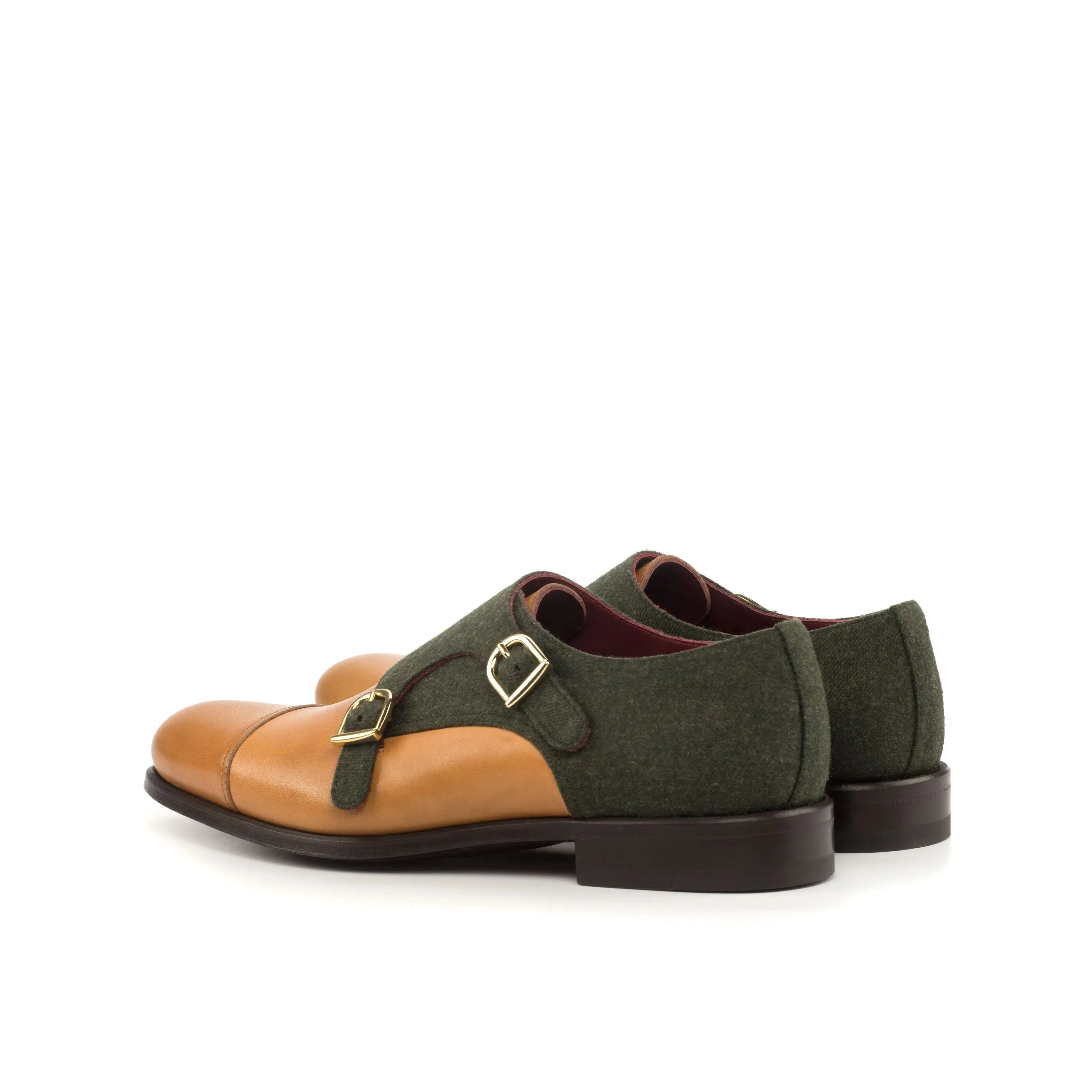 DapperFam Monaco in Cognac / Green Men's Flannel & Italian Leather Double Monk