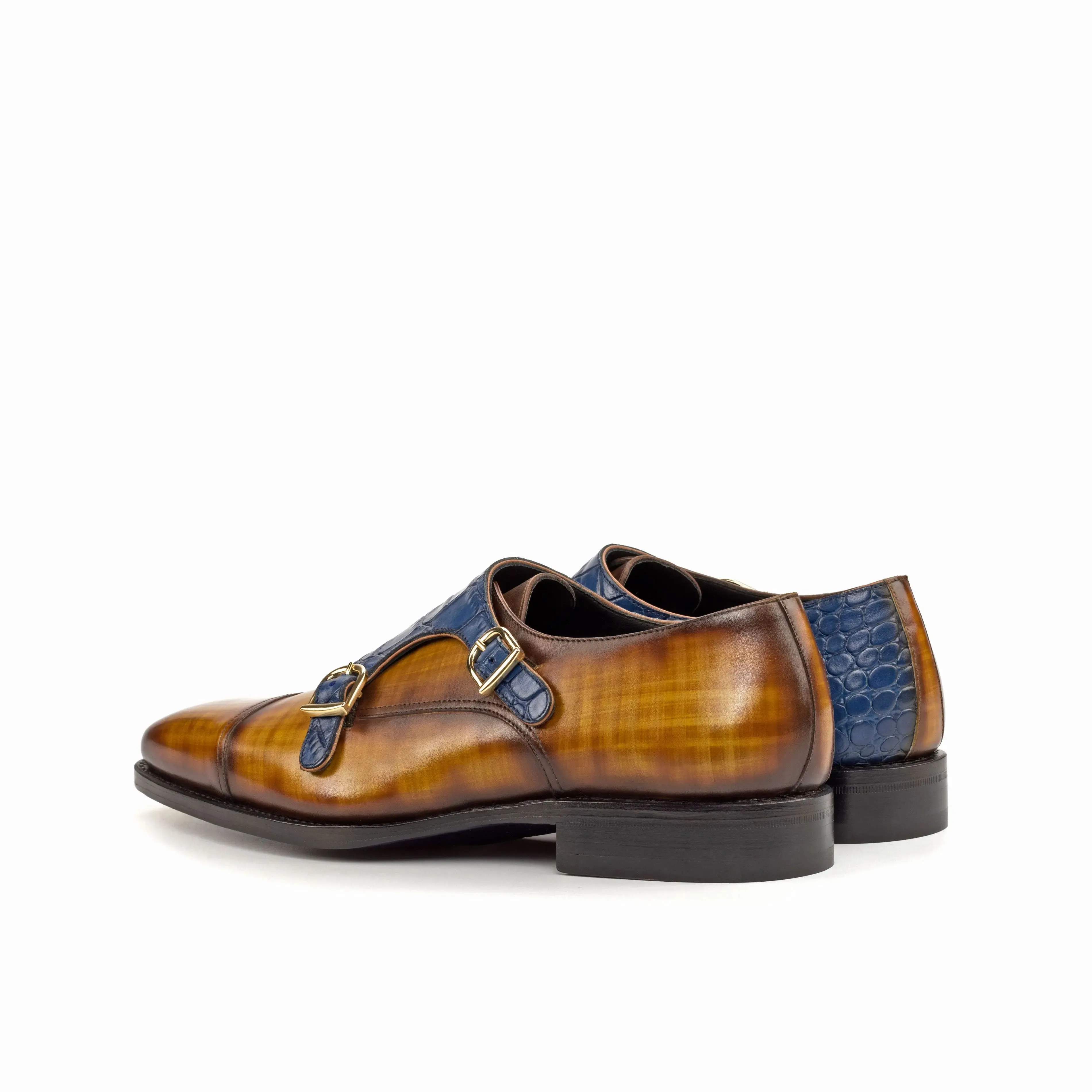 DapperFam Monaco in Cognac / Navy Men's Hand-Painted & Embossed Leather Double Monk