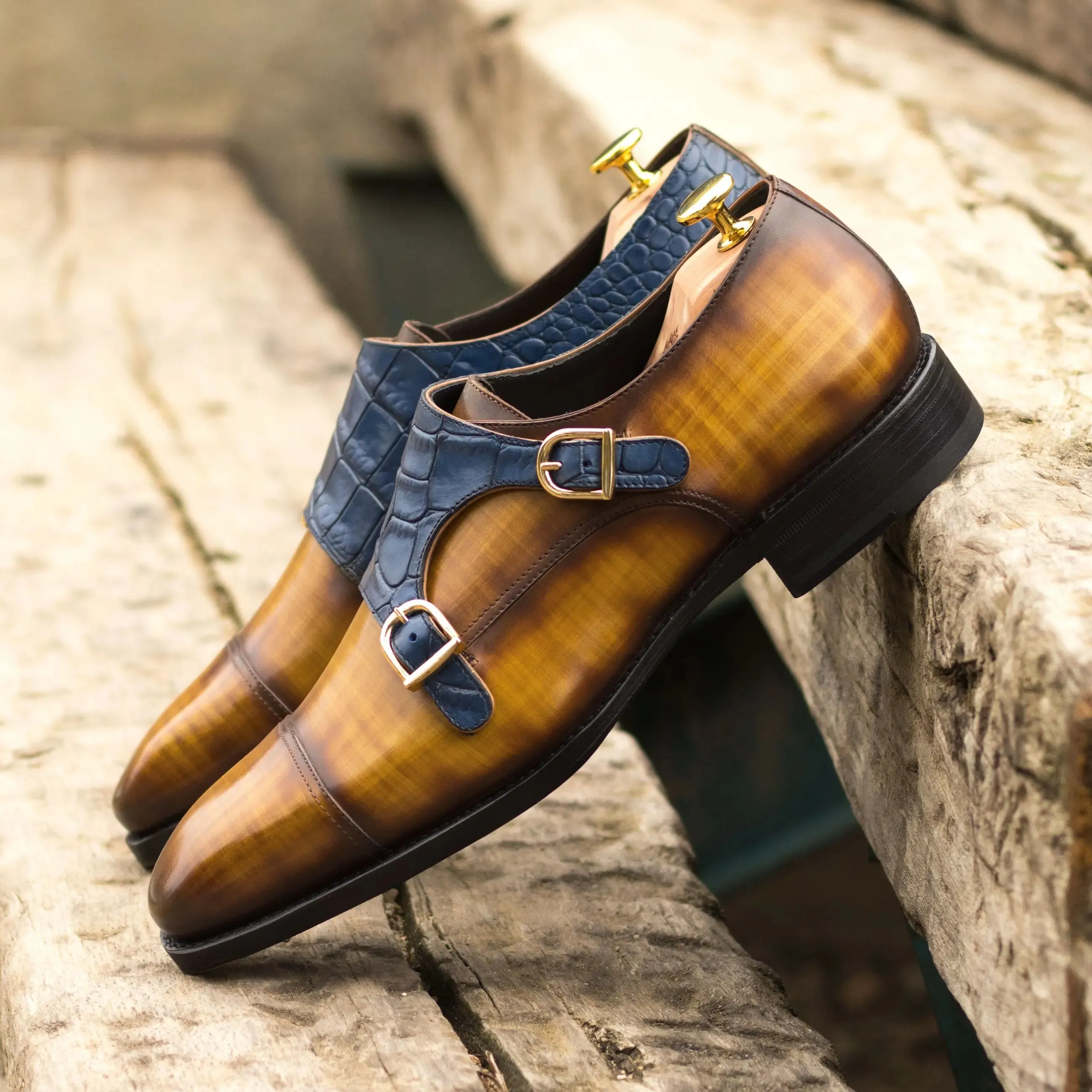 DapperFam Monaco in Cognac / Navy Men's Hand-Painted & Embossed Leather Double Monk