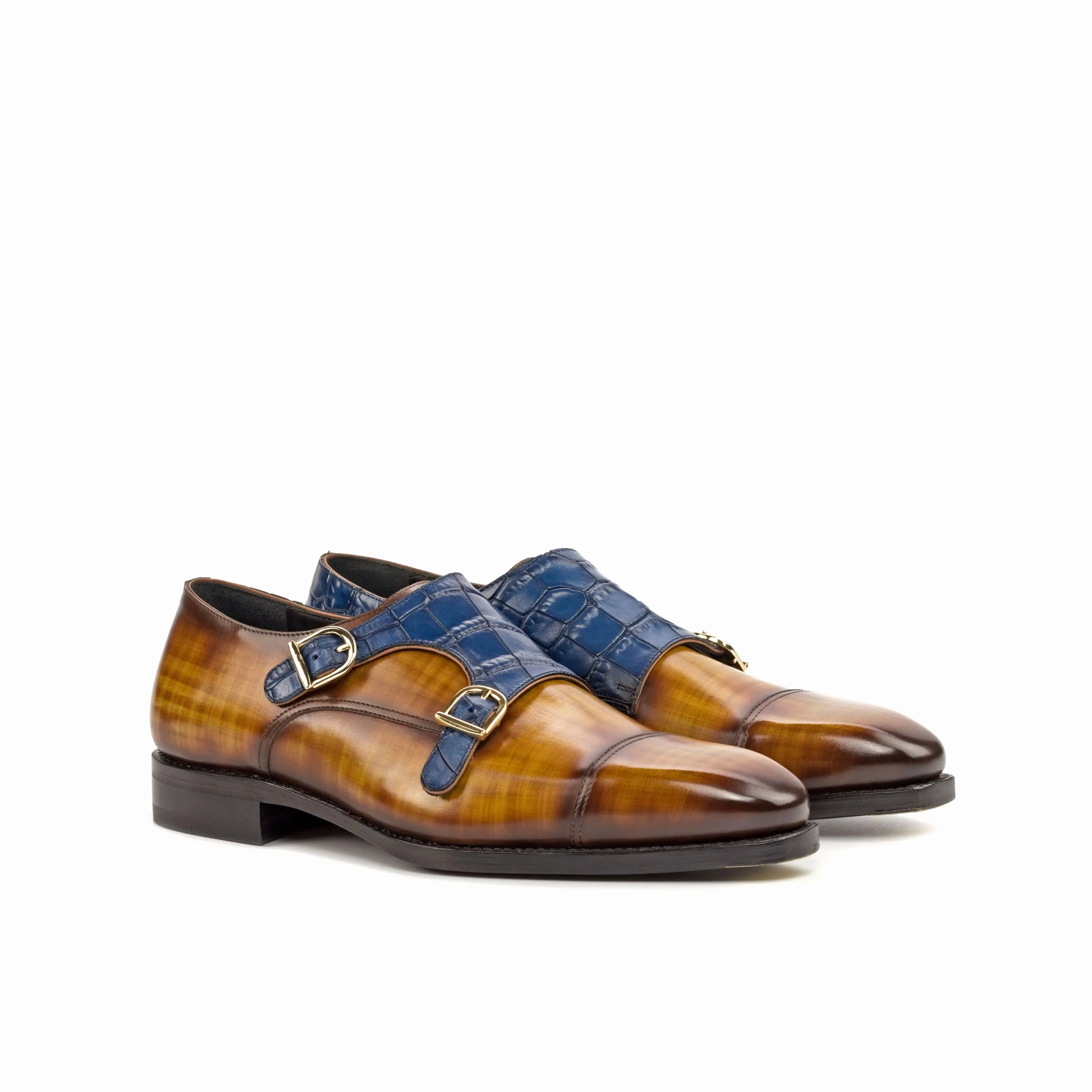 DapperFam Monaco in Cognac / Navy Men's Hand-Painted & Embossed Leather Double Monk