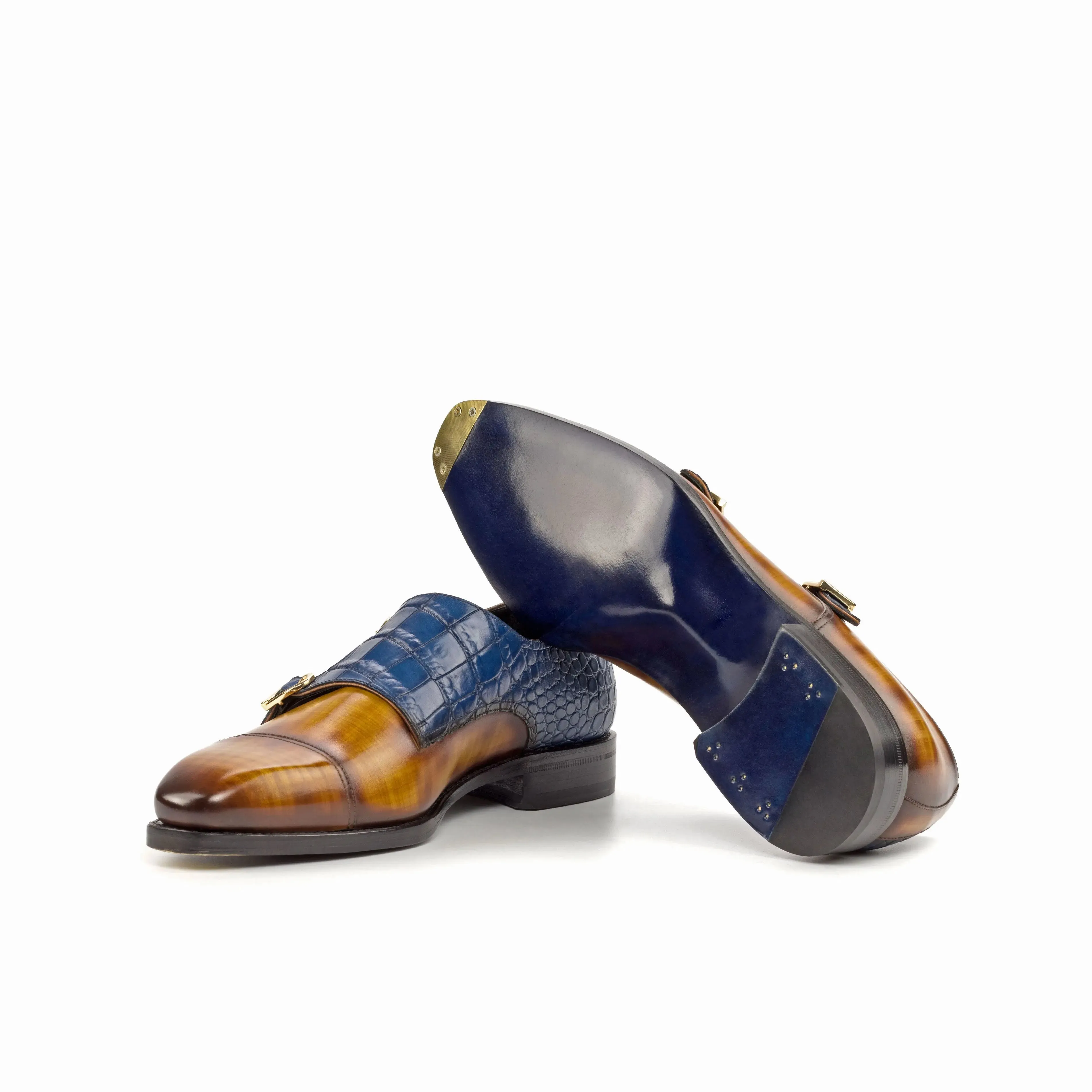 DapperFam Monaco in Cognac / Navy Men's Hand-Painted & Embossed Leather Double Monk