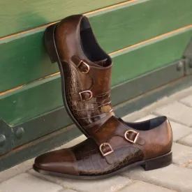 DapperFam Monaco in Dark Brown / Brown Men's Italian Croco Embossed Leather & Hand-Painted Patina Double Monk