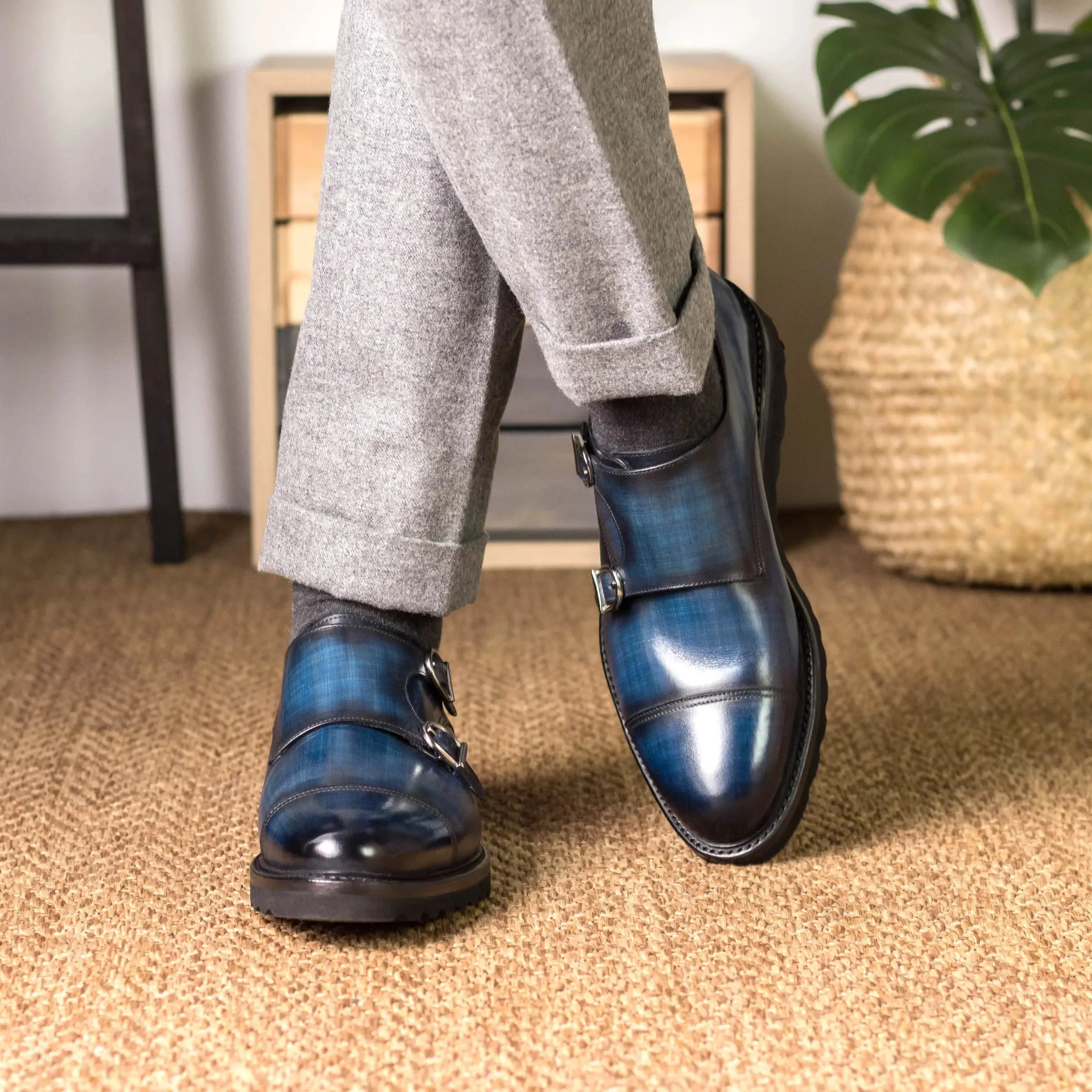 DapperFam Monaco in Denim Men's Hand-Painted Patina Double Monk