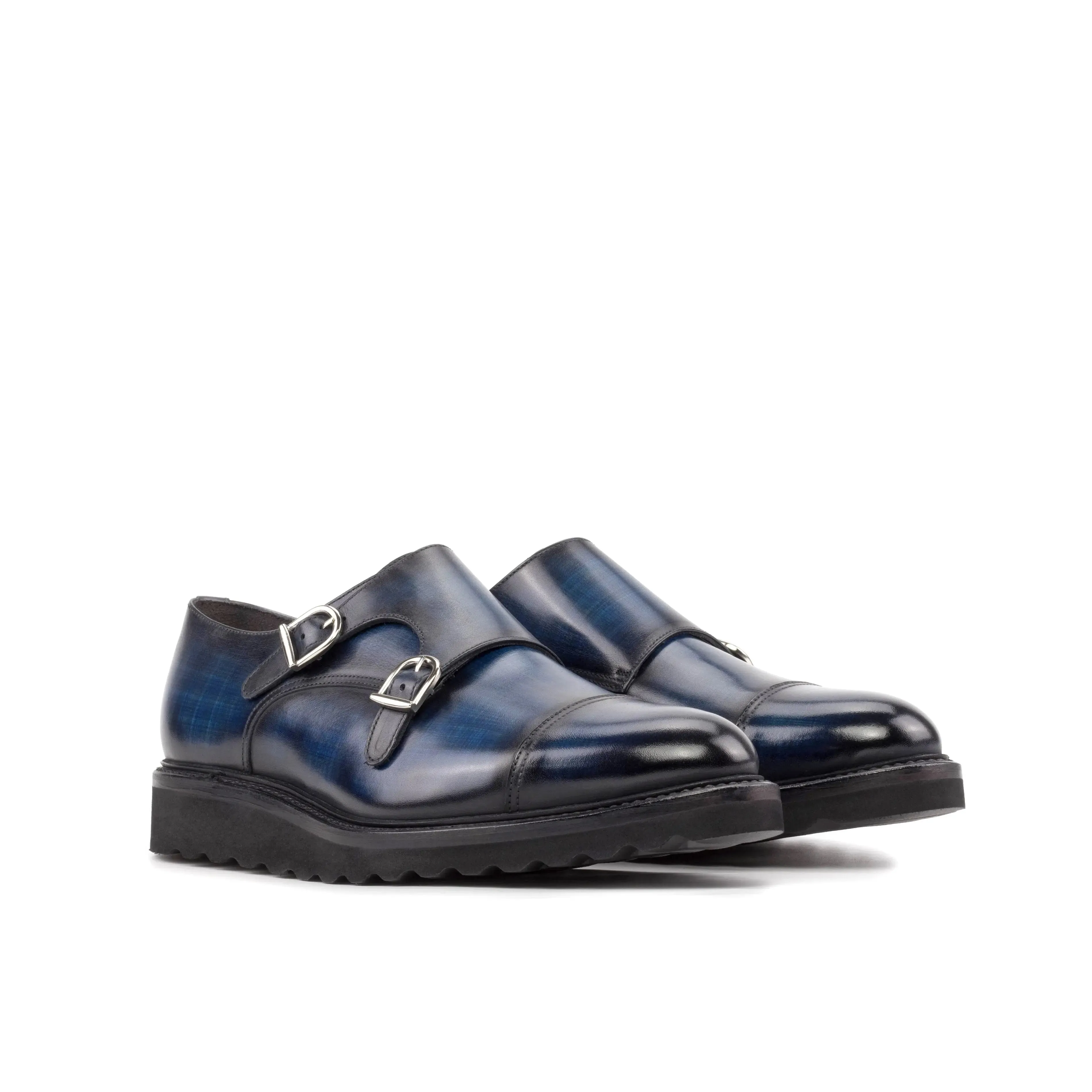 DapperFam Monaco in Denim Men's Hand-Painted Patina Double Monk