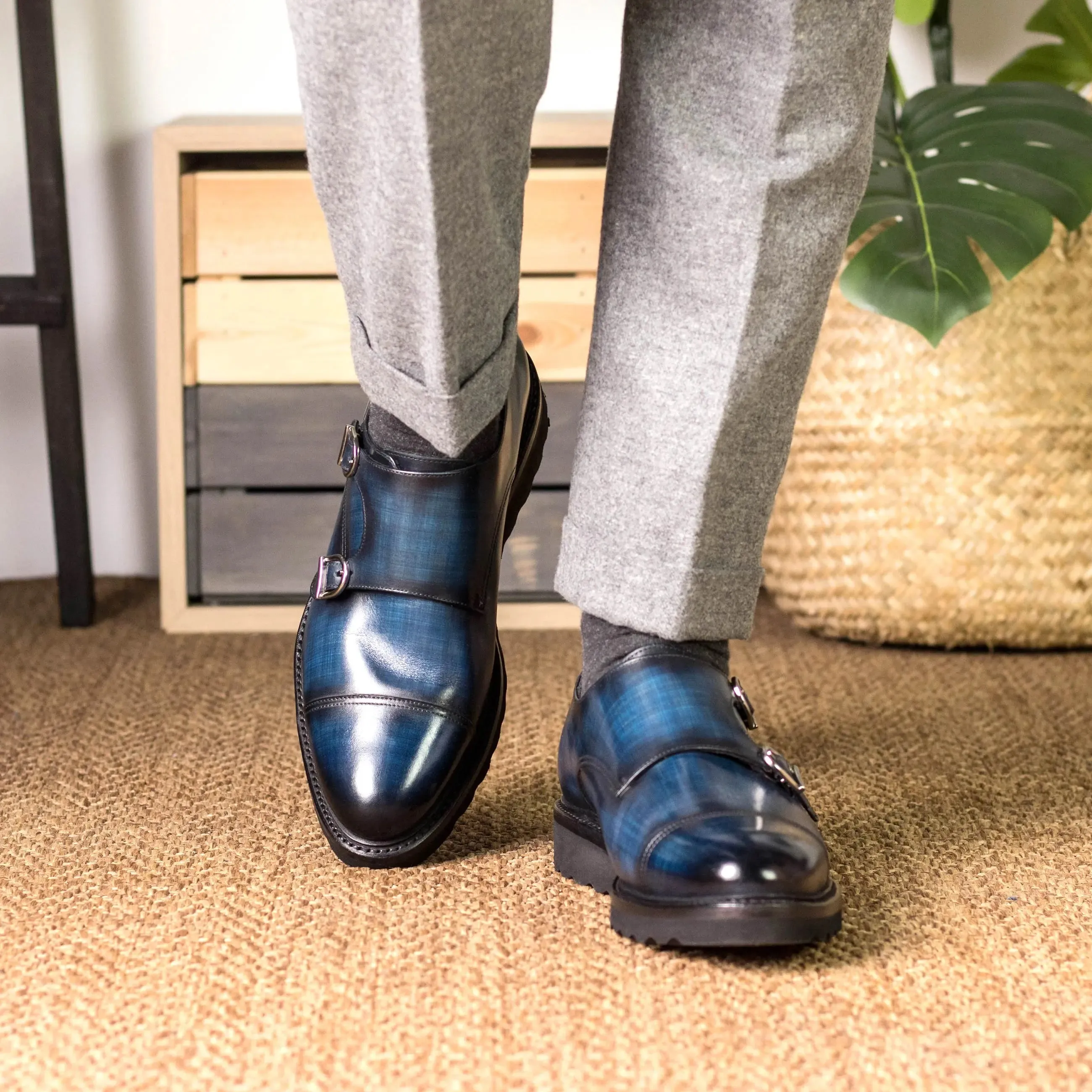 DapperFam Monaco in Denim Men's Hand-Painted Patina Double Monk