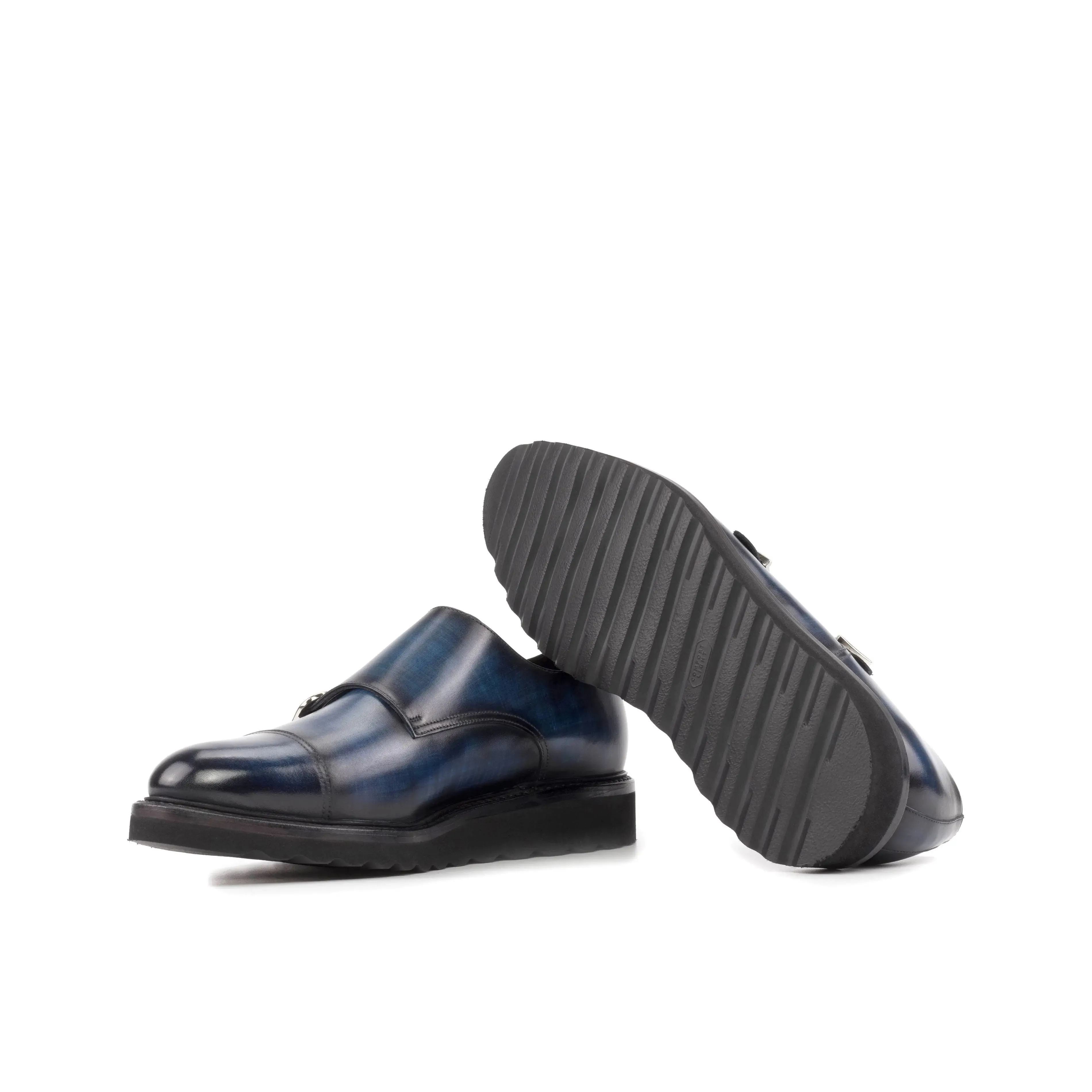 DapperFam Monaco in Denim Men's Hand-Painted Patina Double Monk