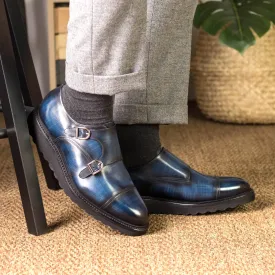DapperFam Monaco in Denim Men's Hand-Painted Patina Double Monk