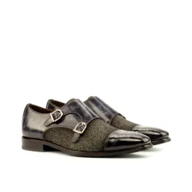 DapperFam Monaco in Herringbone / Grey Men's Sartorial & Hand-Painted Patina Double Monk