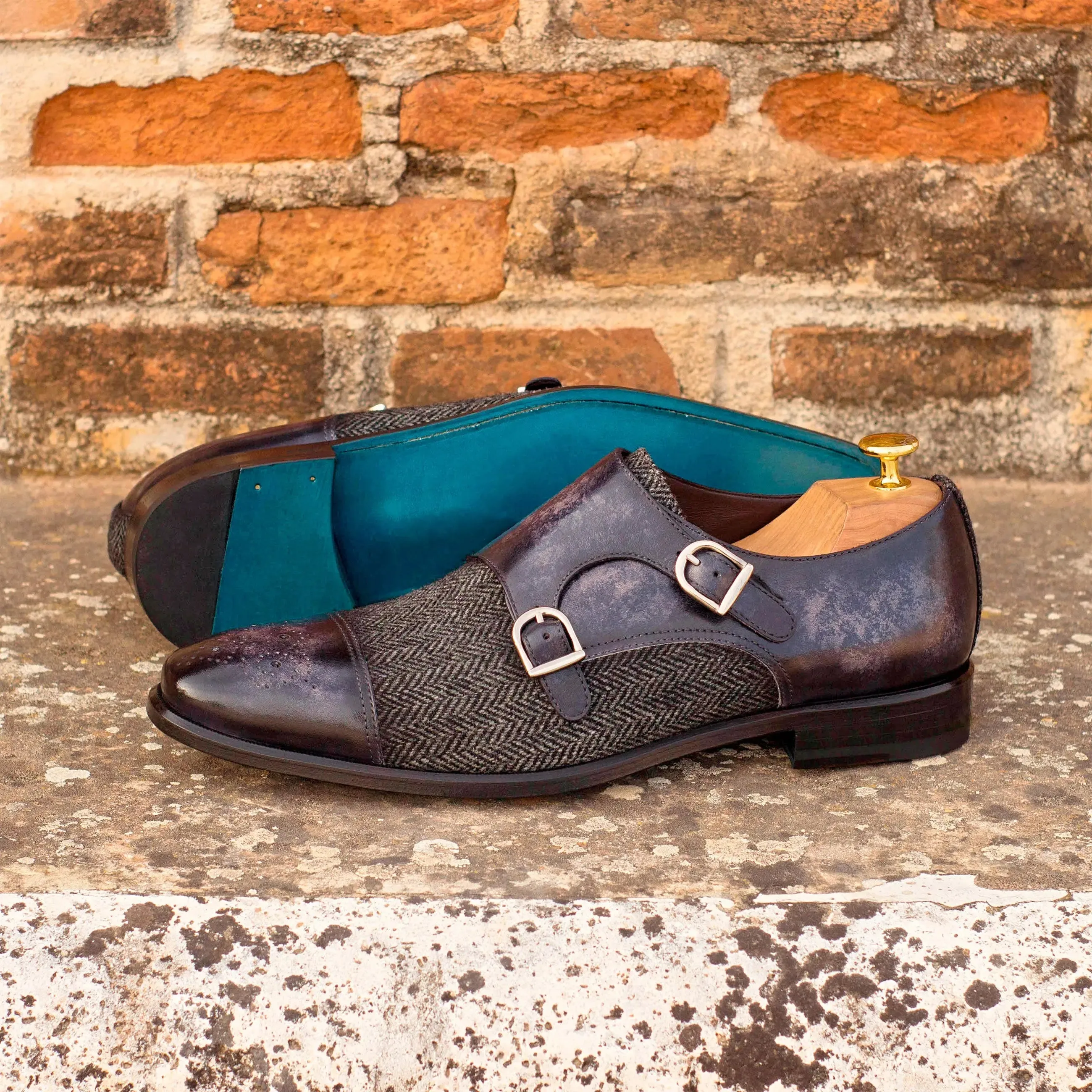 DapperFam Monaco in Herringbone / Grey Men's Sartorial & Hand-Painted Patina Double Monk