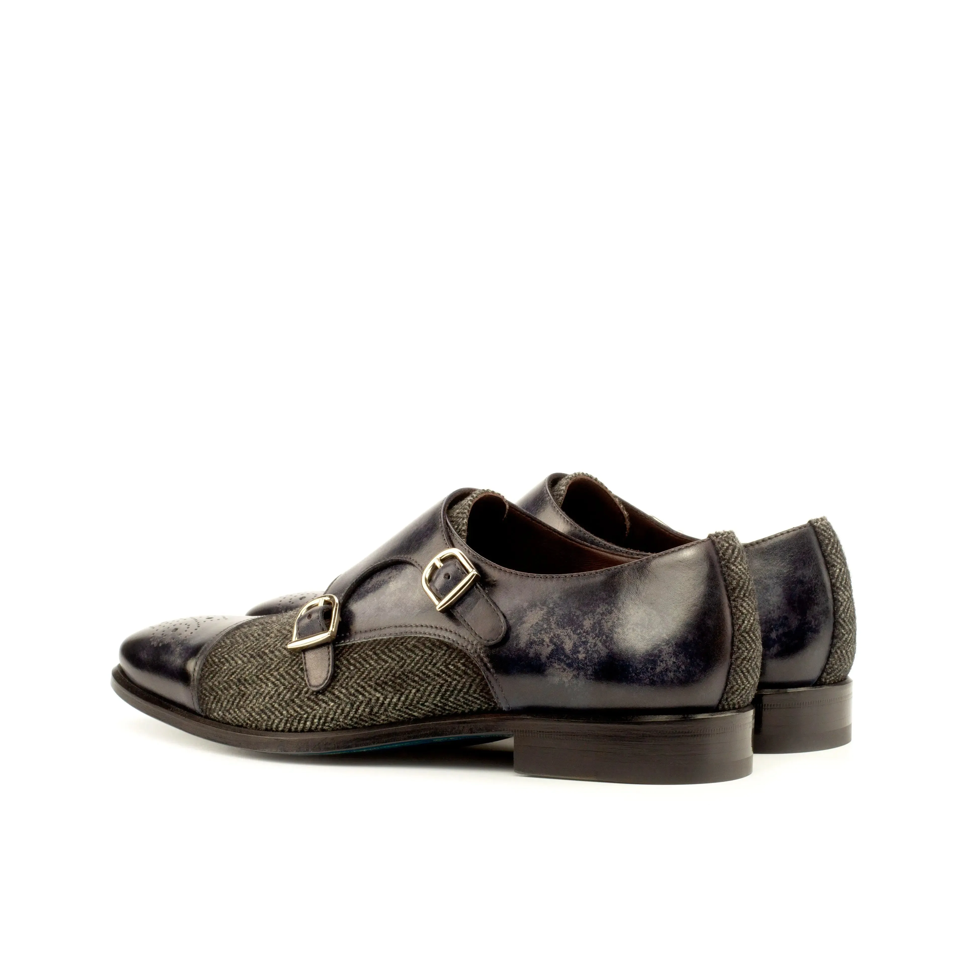 DapperFam Monaco in Herringbone / Grey Men's Sartorial & Hand-Painted Patina Double Monk