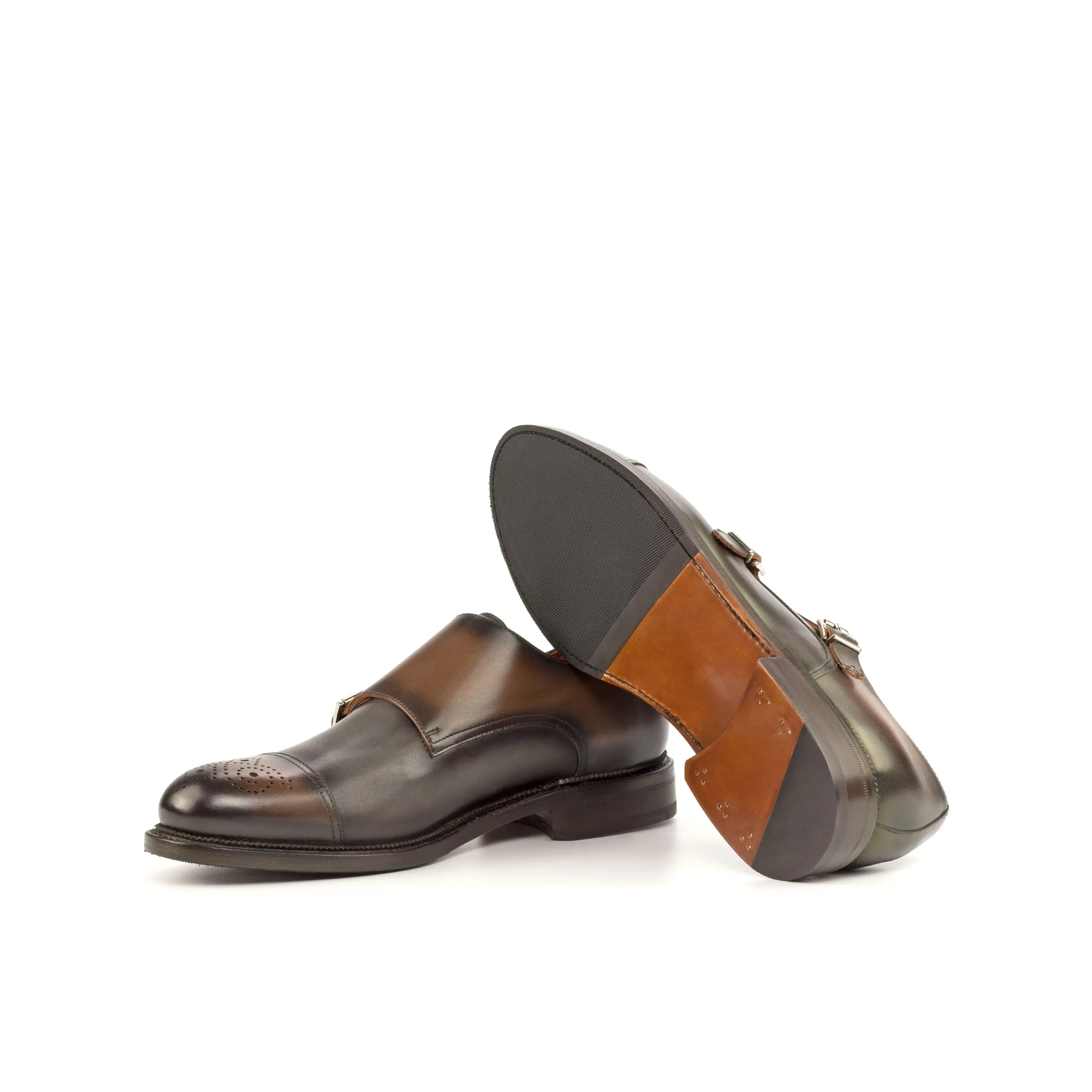 DapperFam Monaco in Med Brown / Grey Men's Italian Leather Double Monk