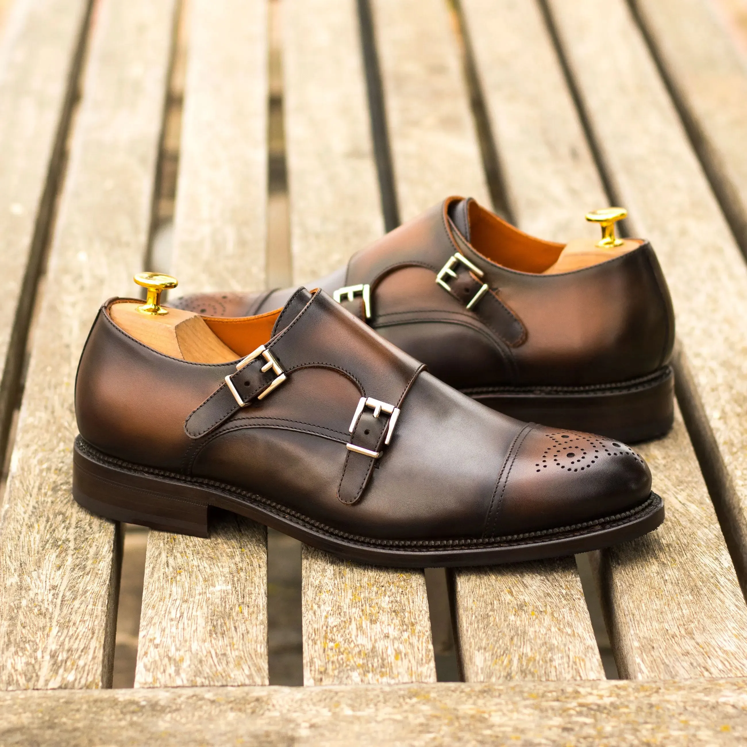 DapperFam Monaco in Med Brown / Grey Men's Italian Leather Double Monk