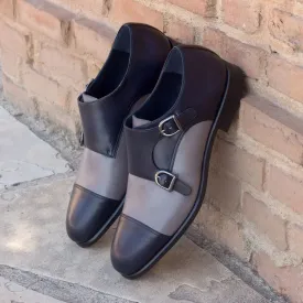 DapperFam Monaco in Navy / Grey Men's Italian Leather Double Monk
