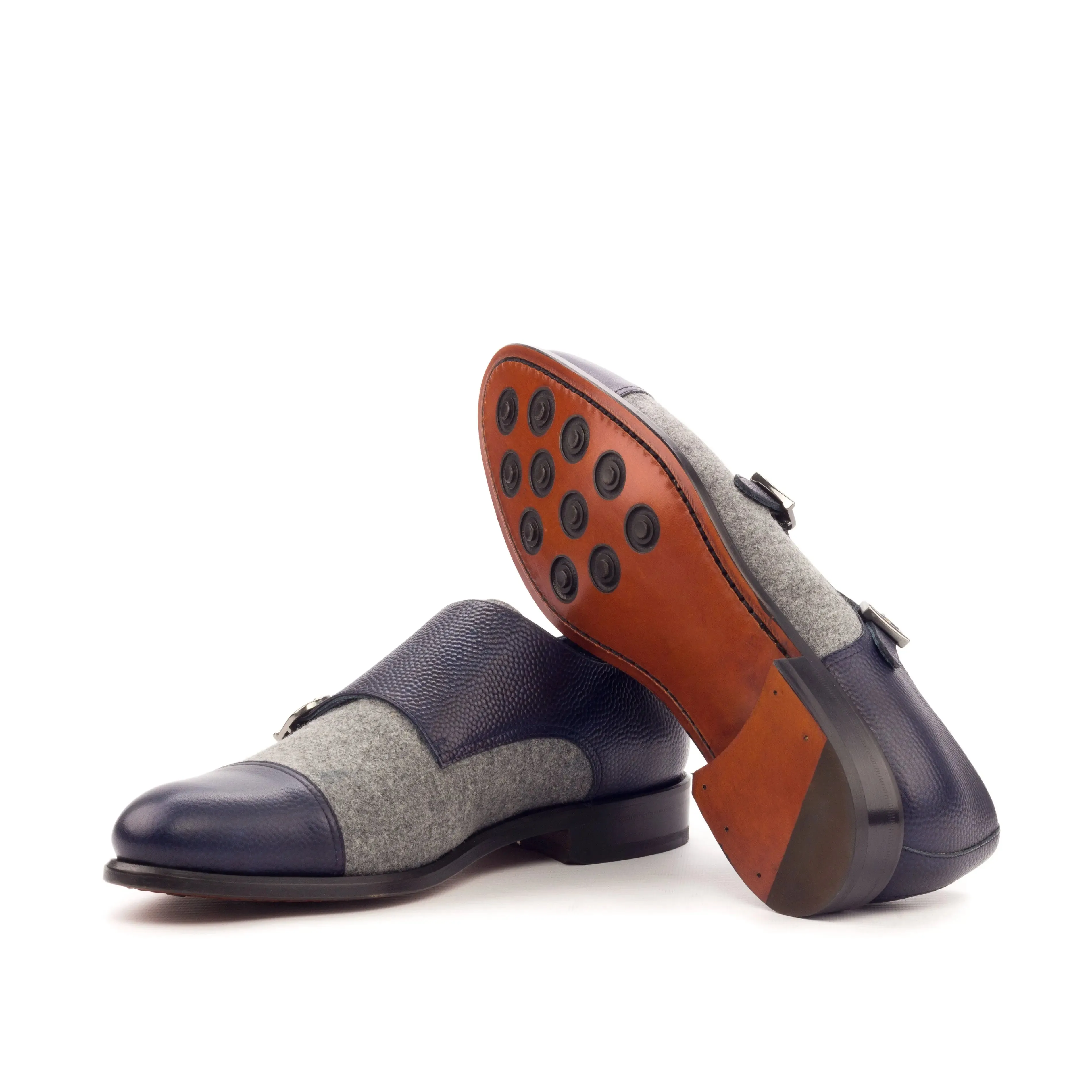DapperFam Monaco in Navy / Light Grey Men's Flannel & Italian Pebble Grain Leather Double Monk
