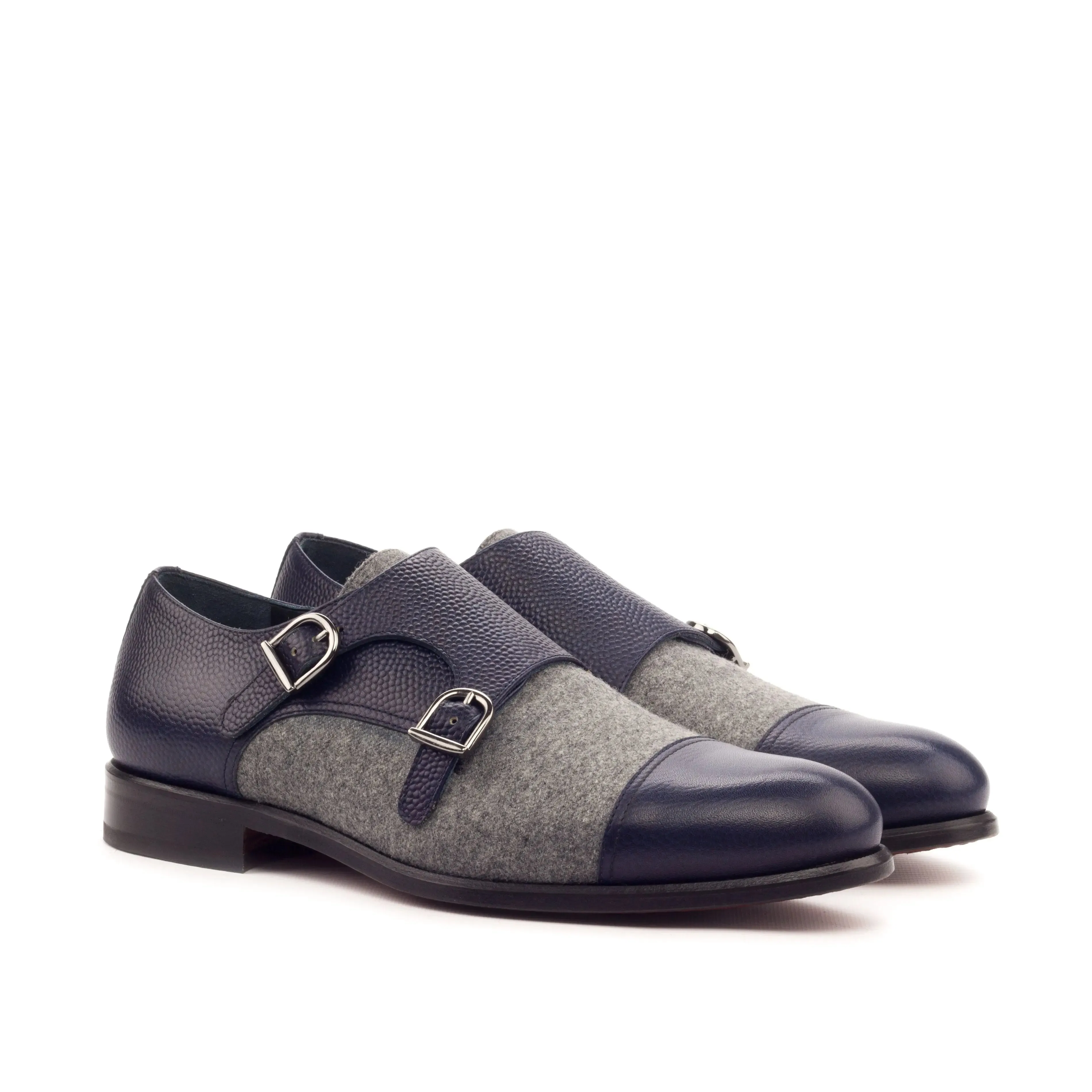 DapperFam Monaco in Navy / Light Grey Men's Flannel & Italian Pebble Grain Leather Double Monk