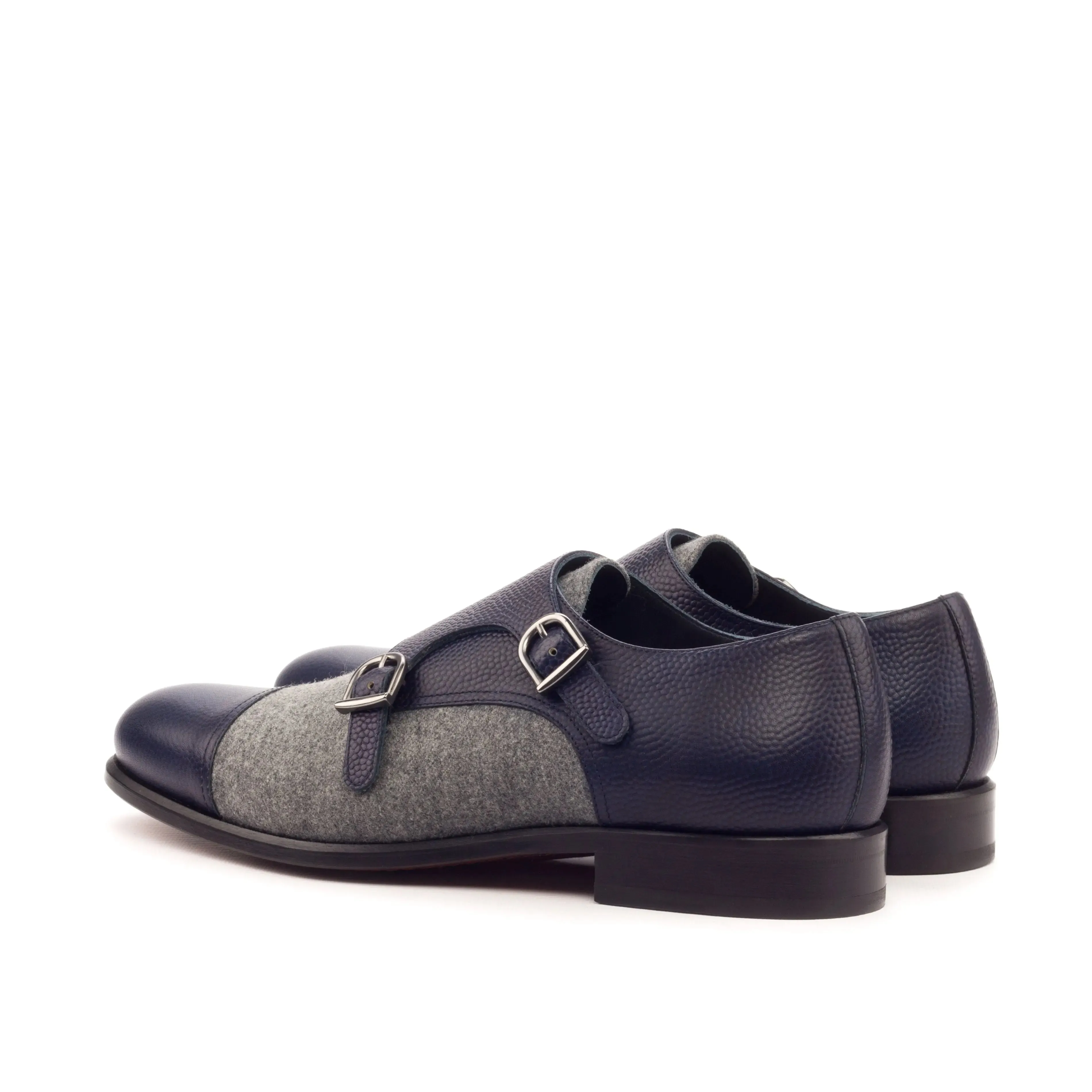 DapperFam Monaco in Navy / Light Grey Men's Flannel & Italian Pebble Grain Leather Double Monk