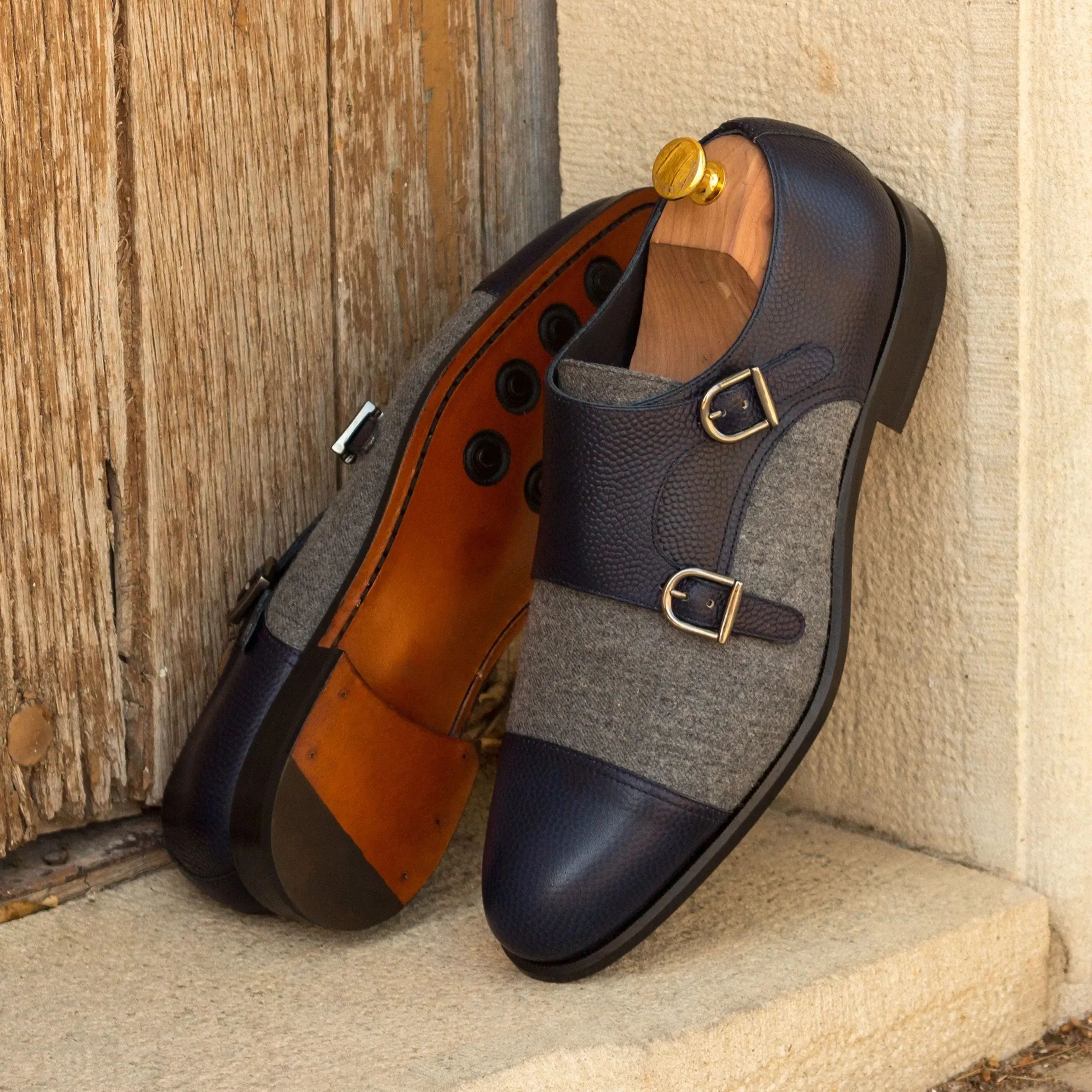 DapperFam Monaco in Navy / Light Grey Men's Flannel & Italian Pebble Grain Leather Double Monk