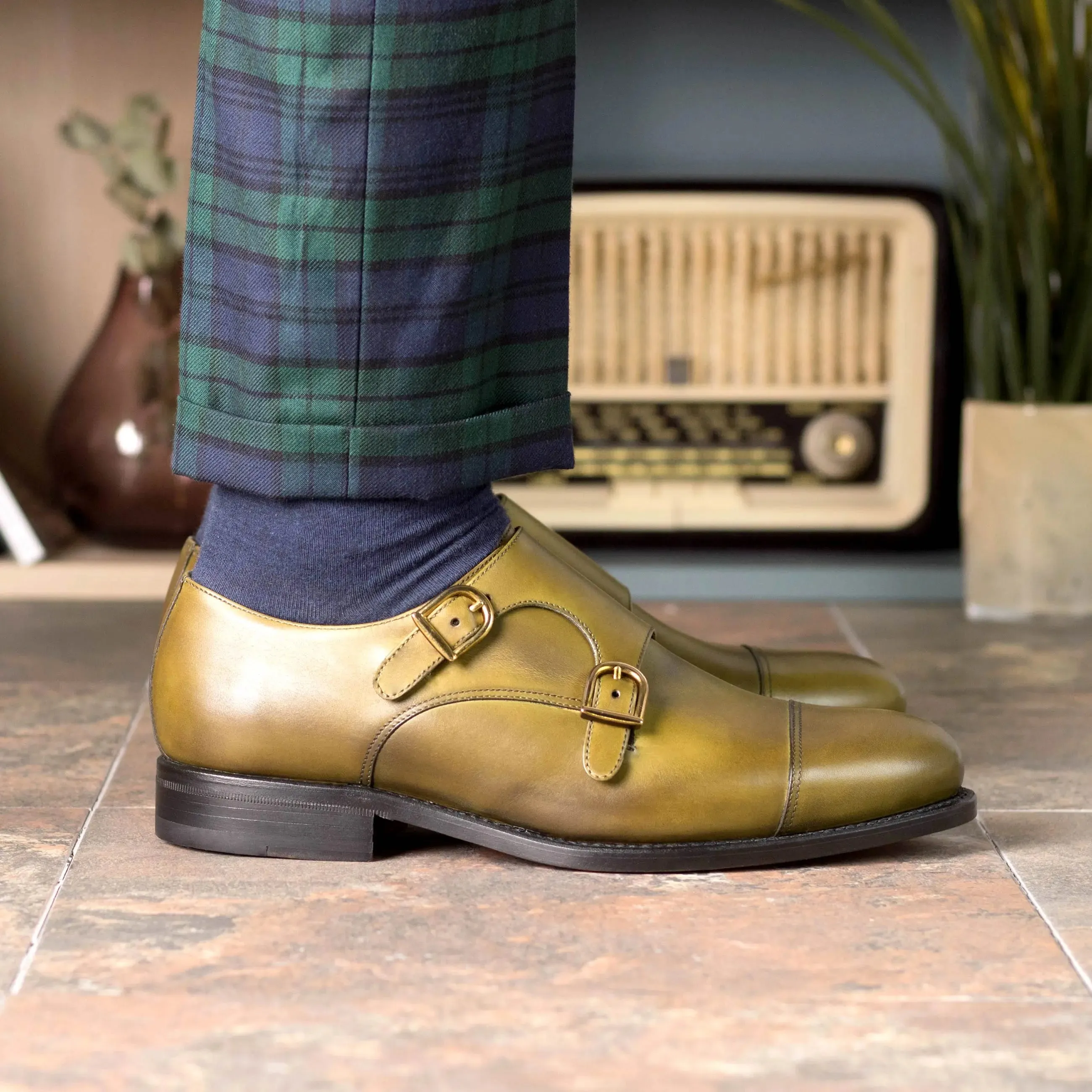 DapperFam Monaco in Olive Men's Italian Leather Double Monk