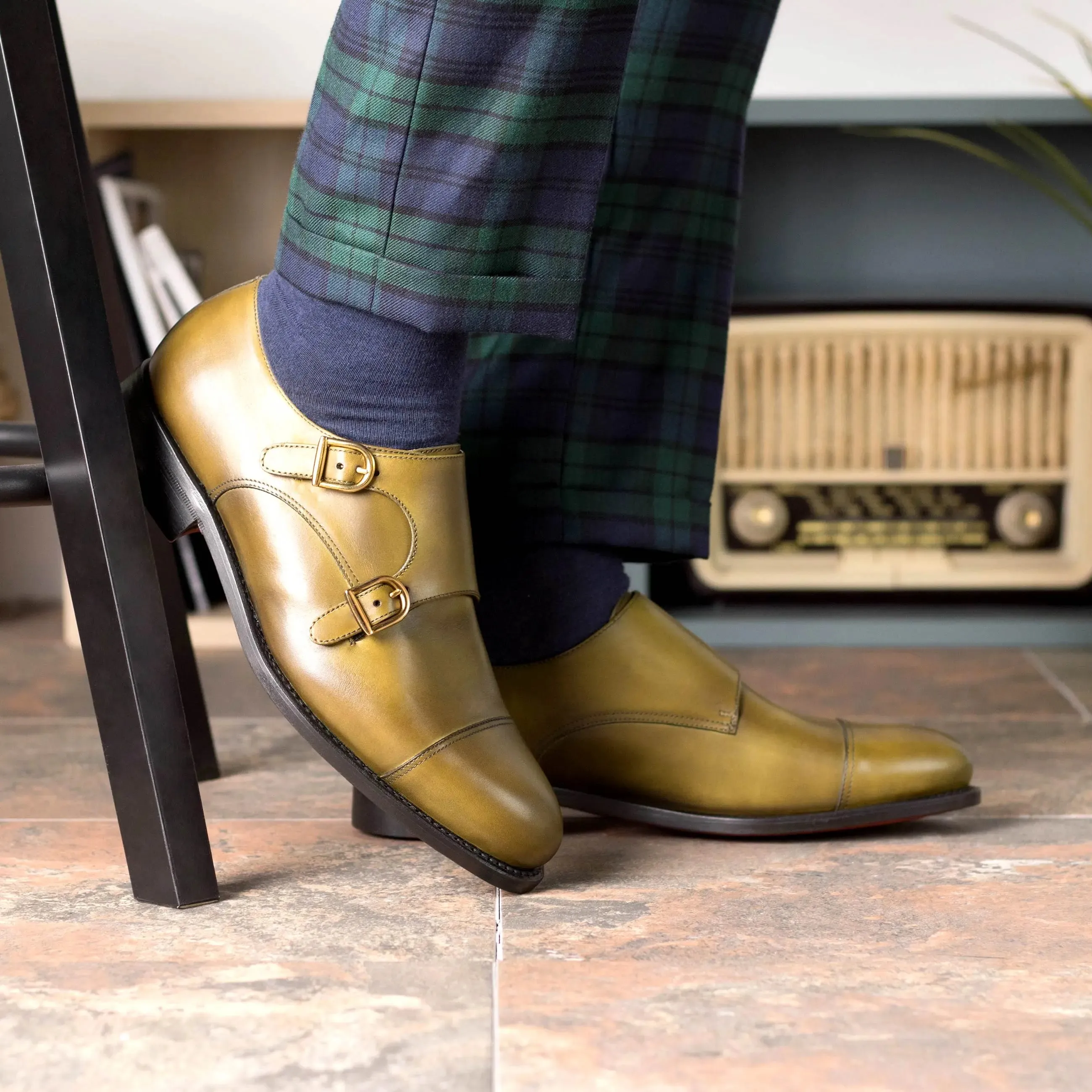 DapperFam Monaco in Olive Men's Italian Leather Double Monk
