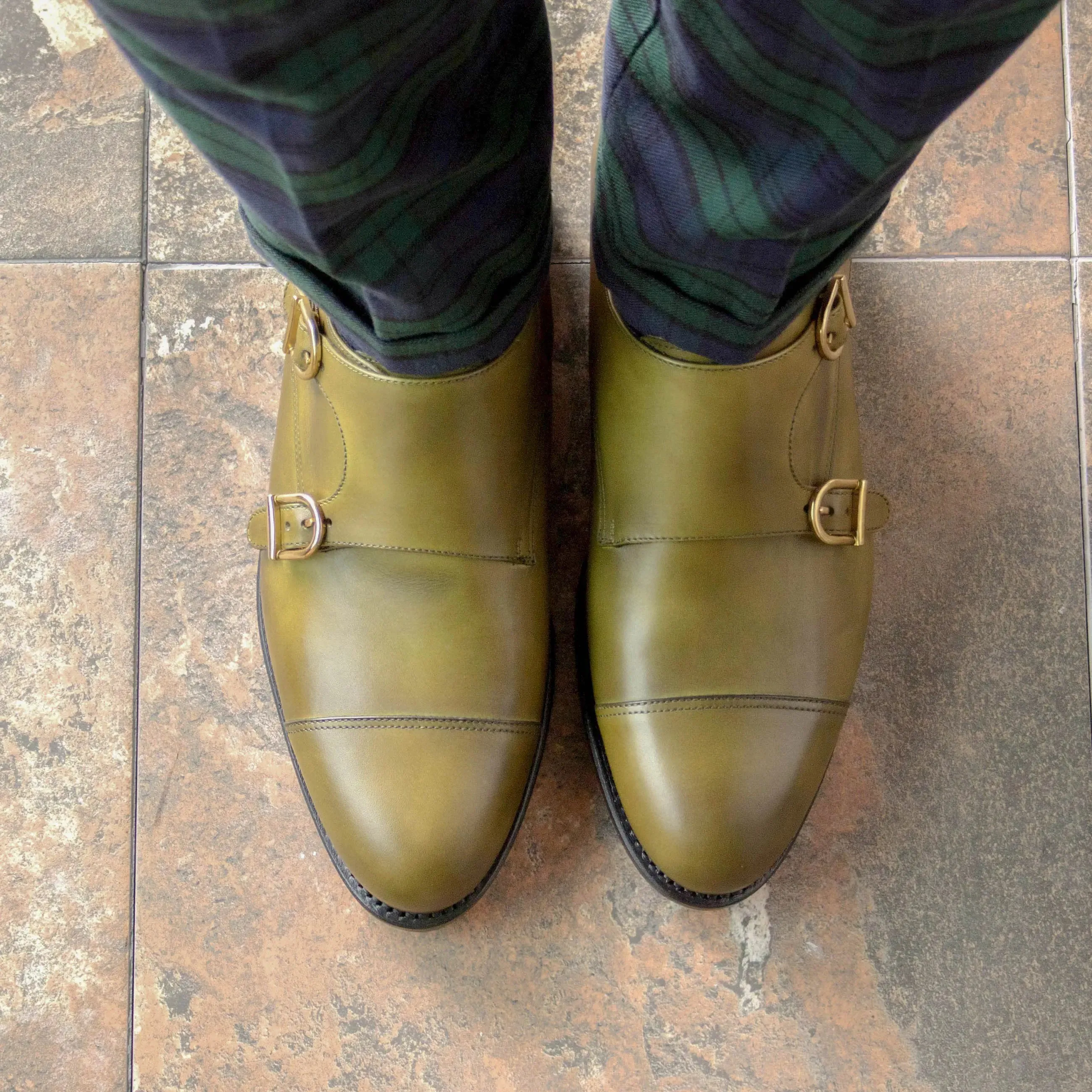 DapperFam Monaco in Olive Men's Italian Leather Double Monk