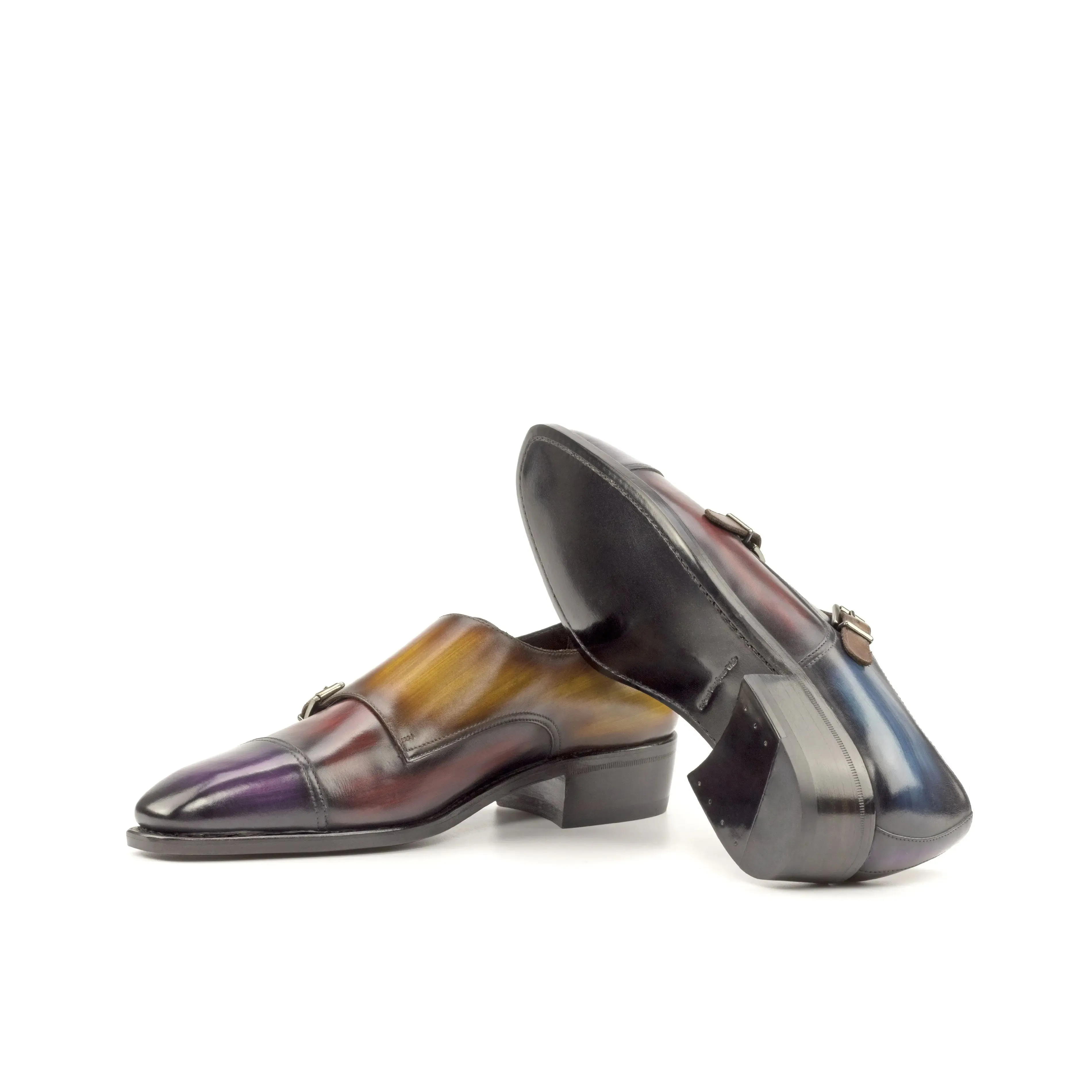 DapperFam Monaco in Purple / Burgundy / Denim / Cognac Men's Hand-Painted Patina Double Monk
