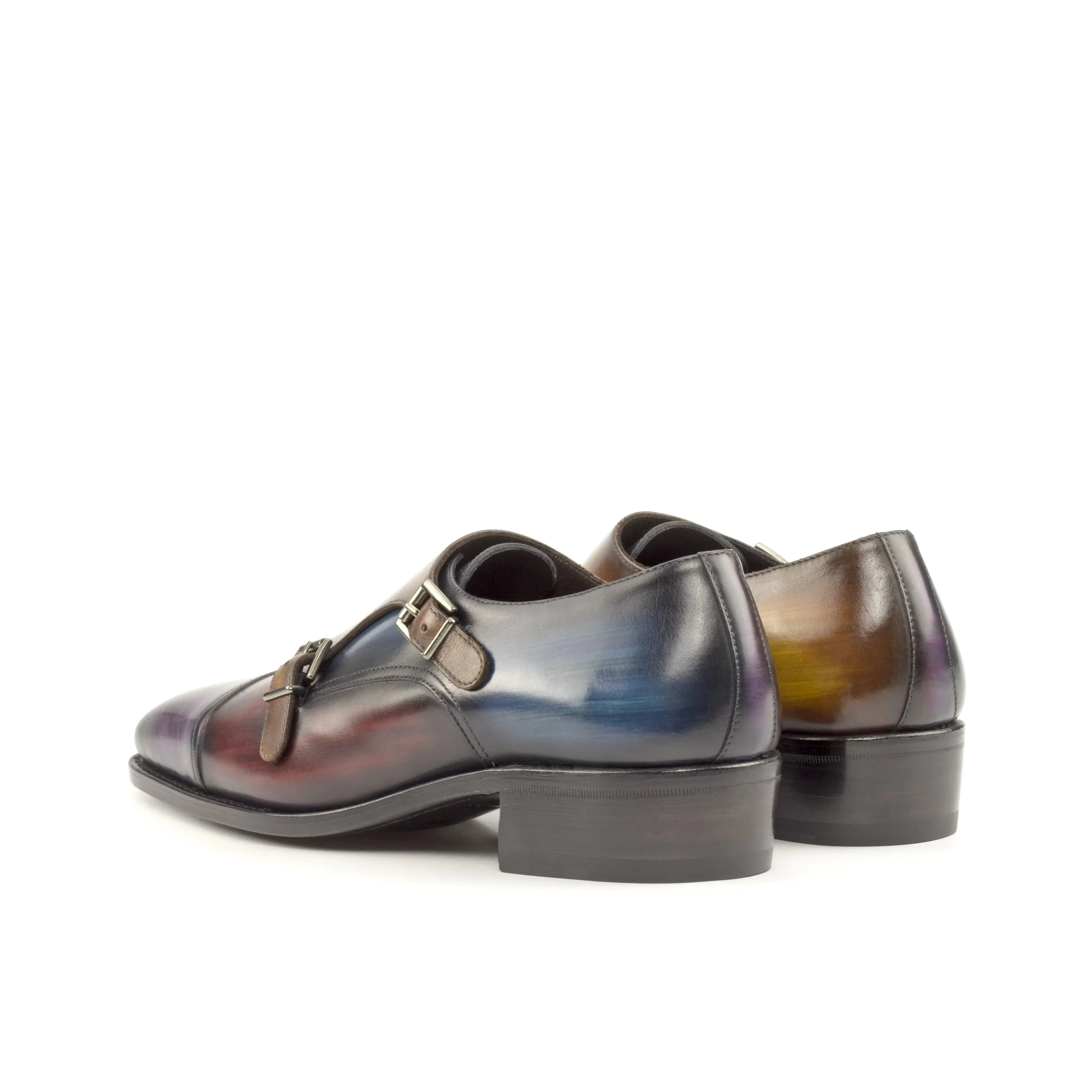 DapperFam Monaco in Purple / Burgundy / Denim / Cognac Men's Hand-Painted Patina Double Monk