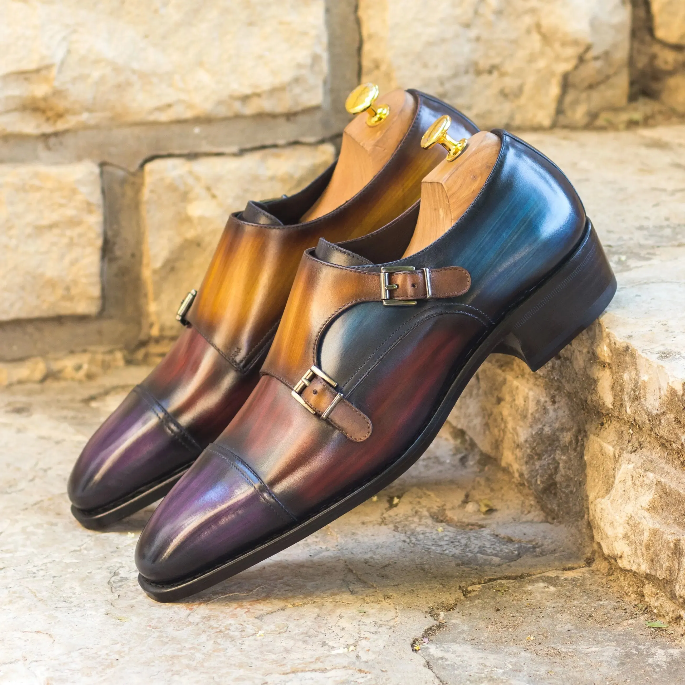 DapperFam Monaco in Purple / Burgundy / Denim / Cognac Men's Hand-Painted Patina Double Monk