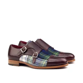 DapperFam Monaco in Tartan / Burgundy Men's Sartorial & Italian Leather Double Monk