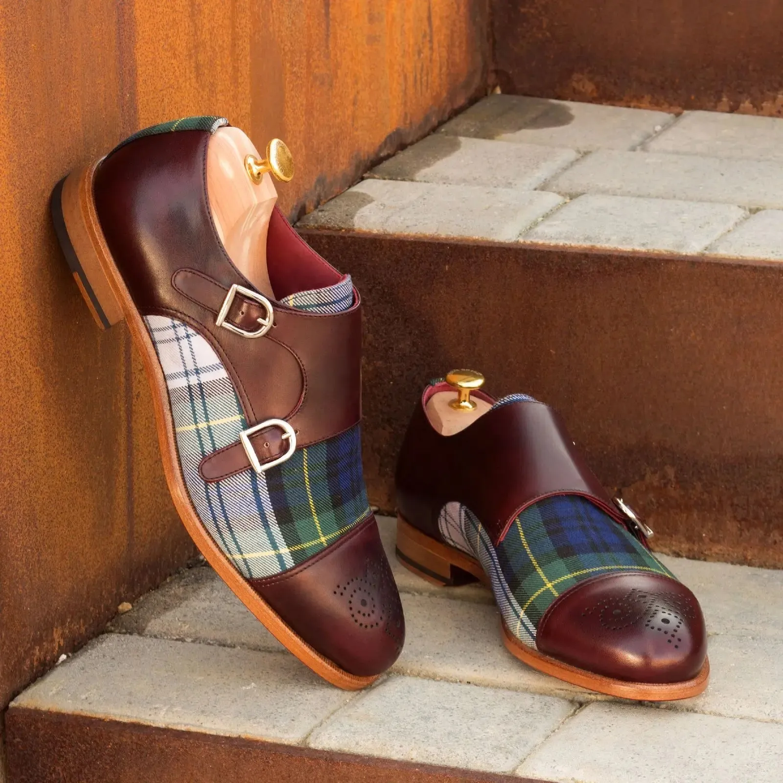 DapperFam Monaco in Tartan / Burgundy Men's Sartorial & Italian Leather Double Monk