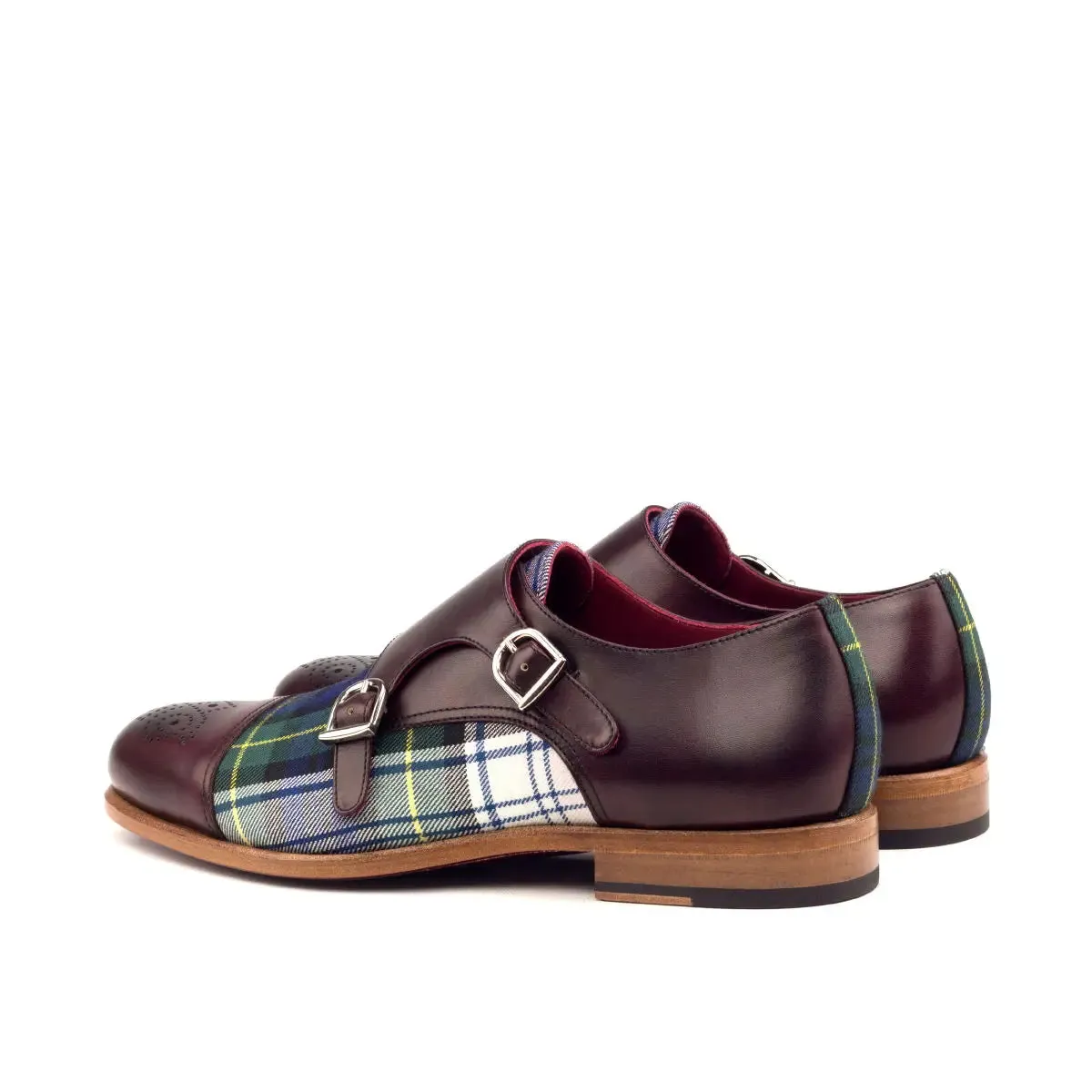 DapperFam Monaco in Tartan / Burgundy Men's Sartorial & Italian Leather Double Monk